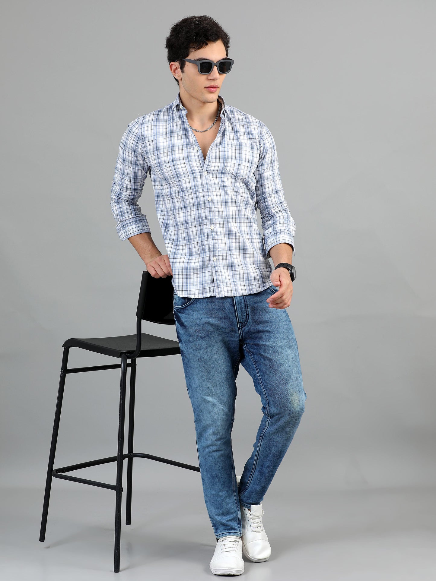 Light Blue & Grey Check Shirt for Men