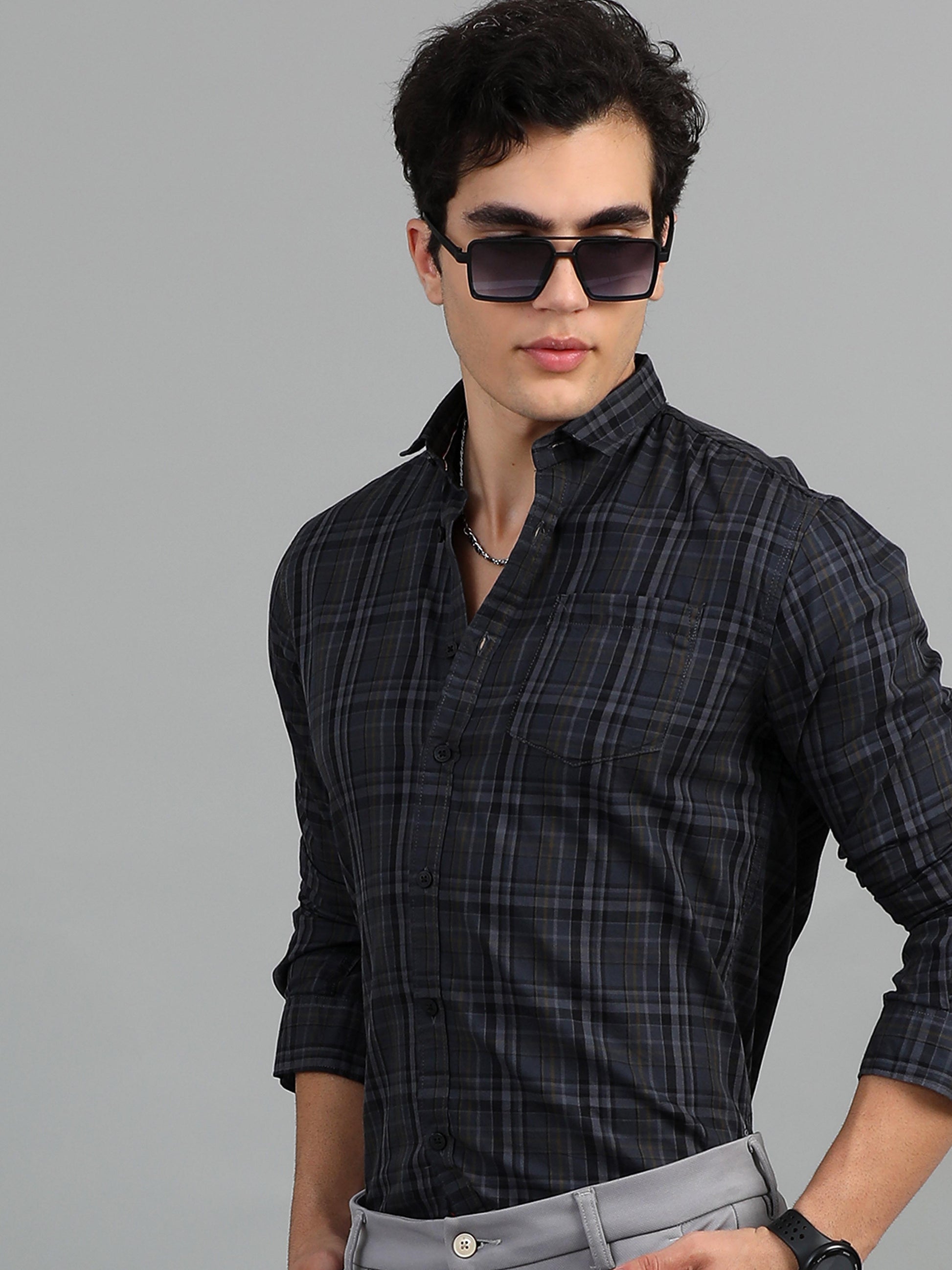 Charcoal Grey Check Shirt for Men