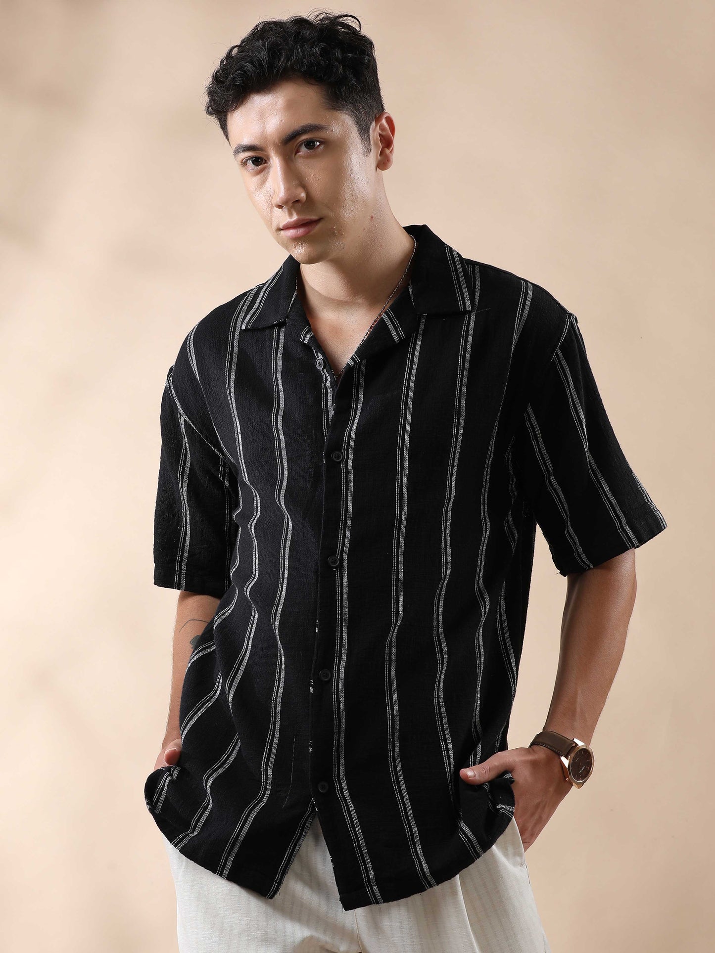 Dobby Stripes Cuban Collar Shirt