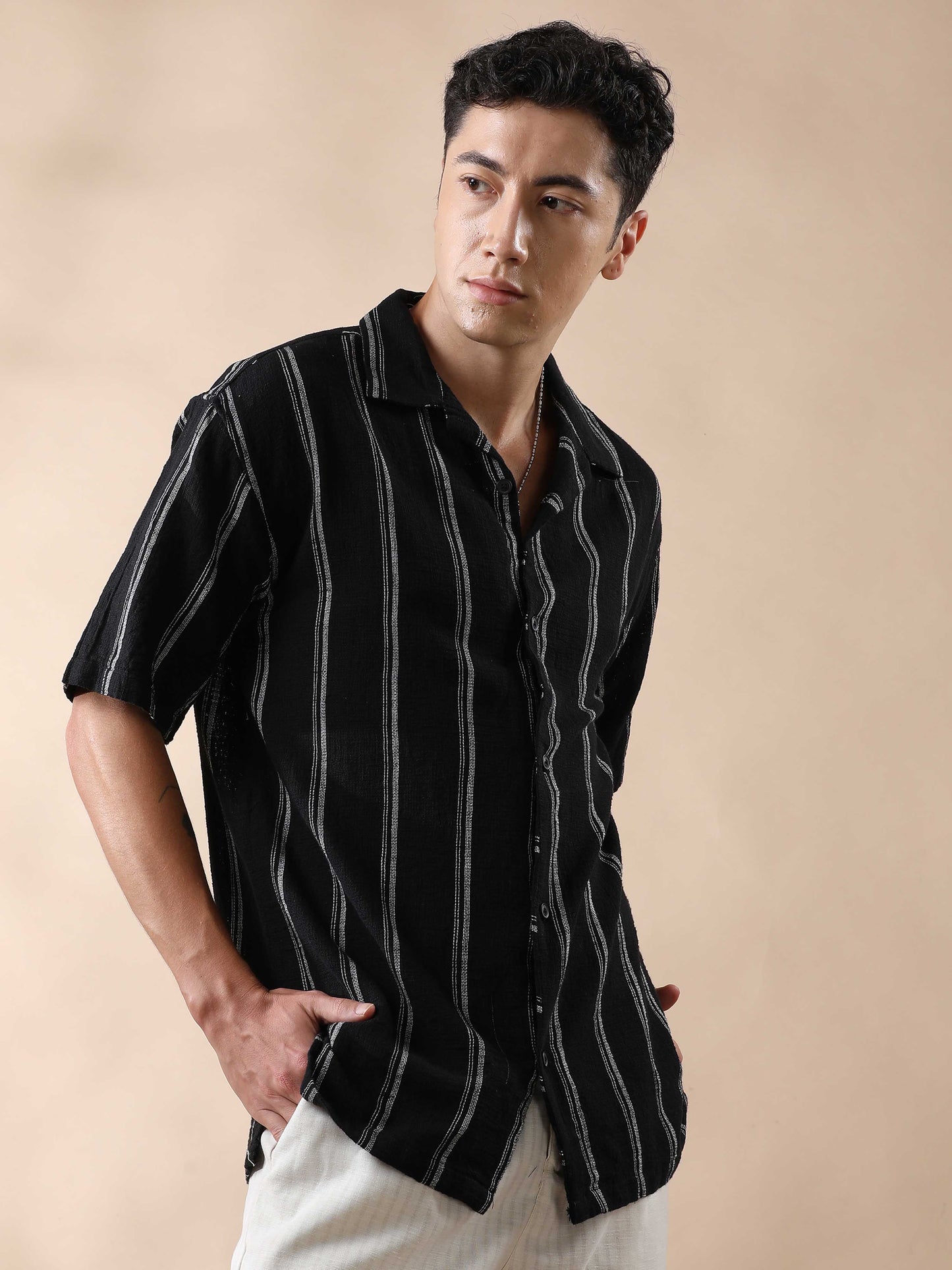 Dobby Stripes Cuban Collar Shirt