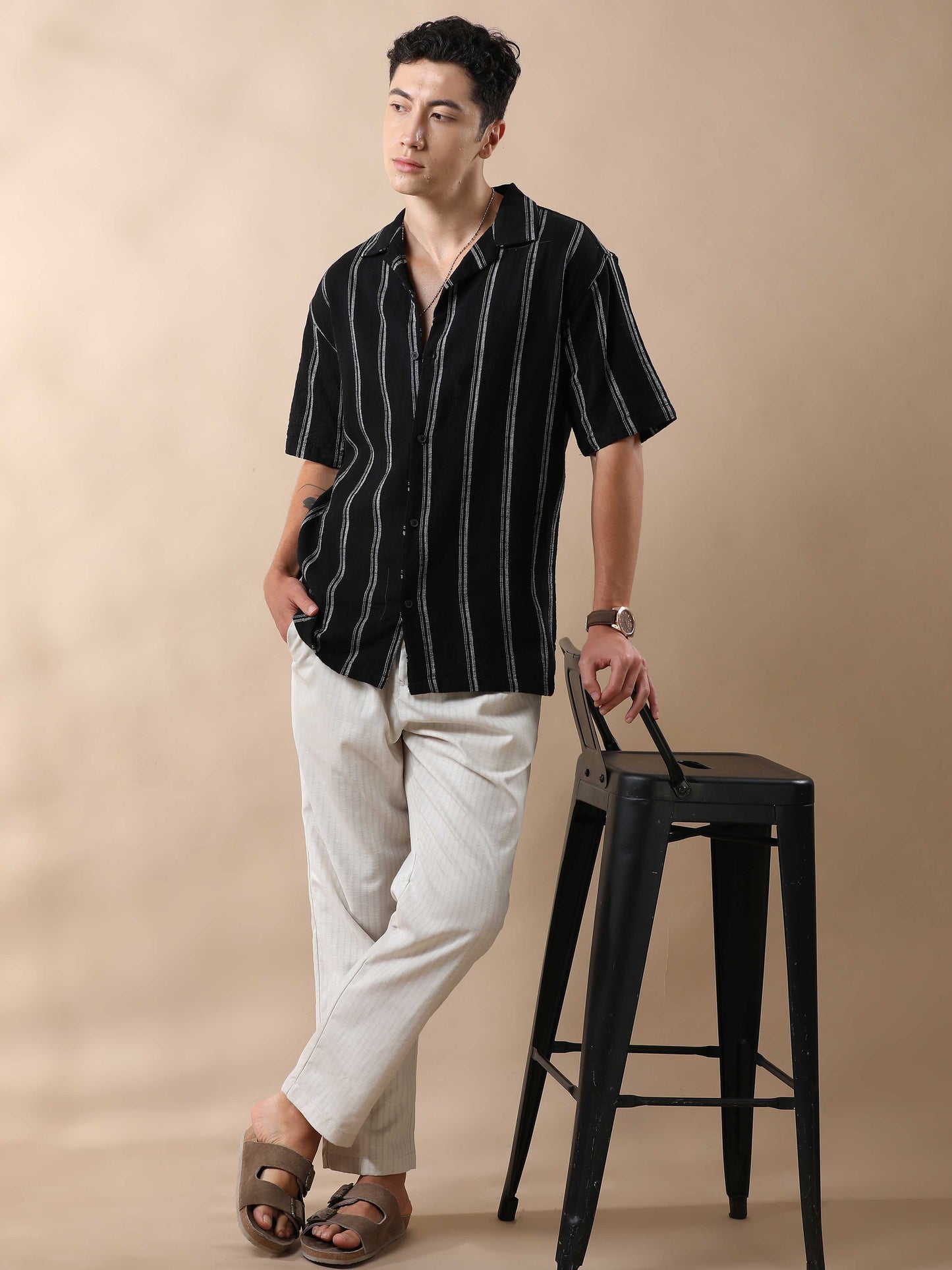 Dobby Stripes Cuban Collar Shirt