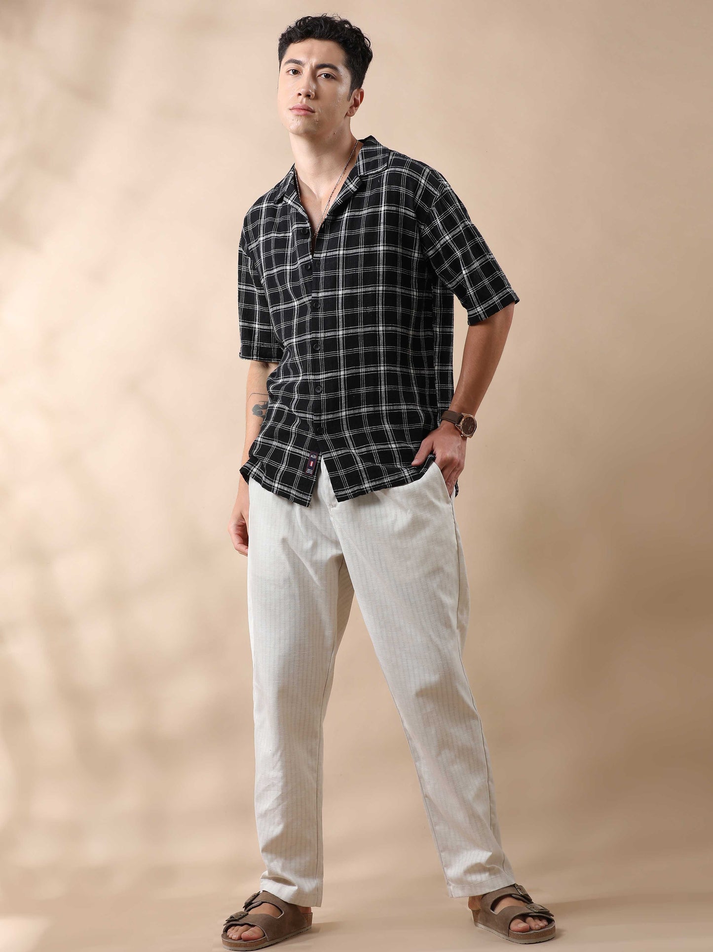 Mocklino Linen Blend Checks Half Sleeves