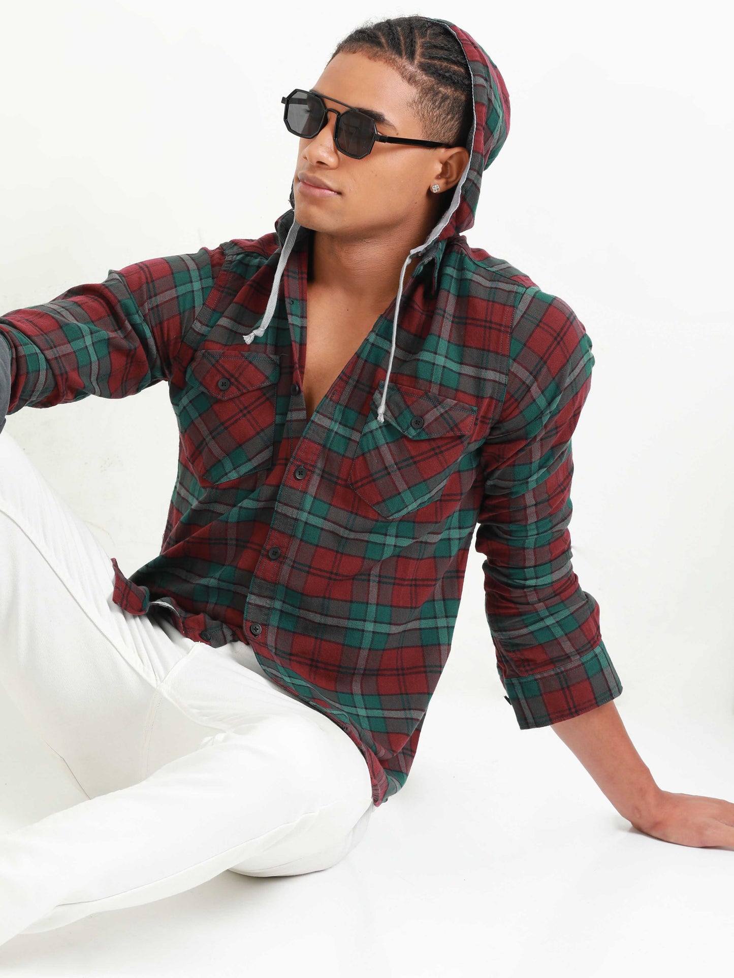 Freetown Bottle Green & Red Check Hoodie Shirt