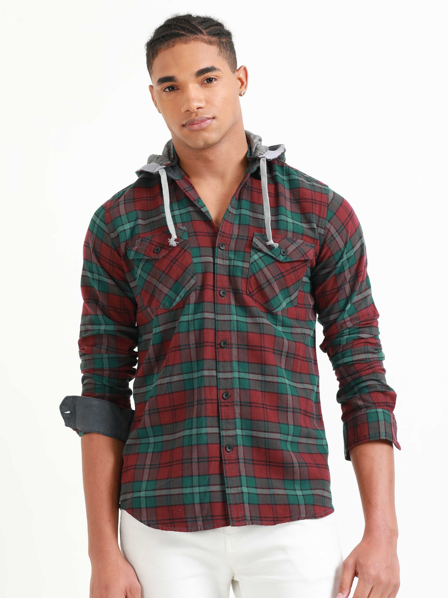 Freetown Bottle Green & Red Check Hoodie Shirt