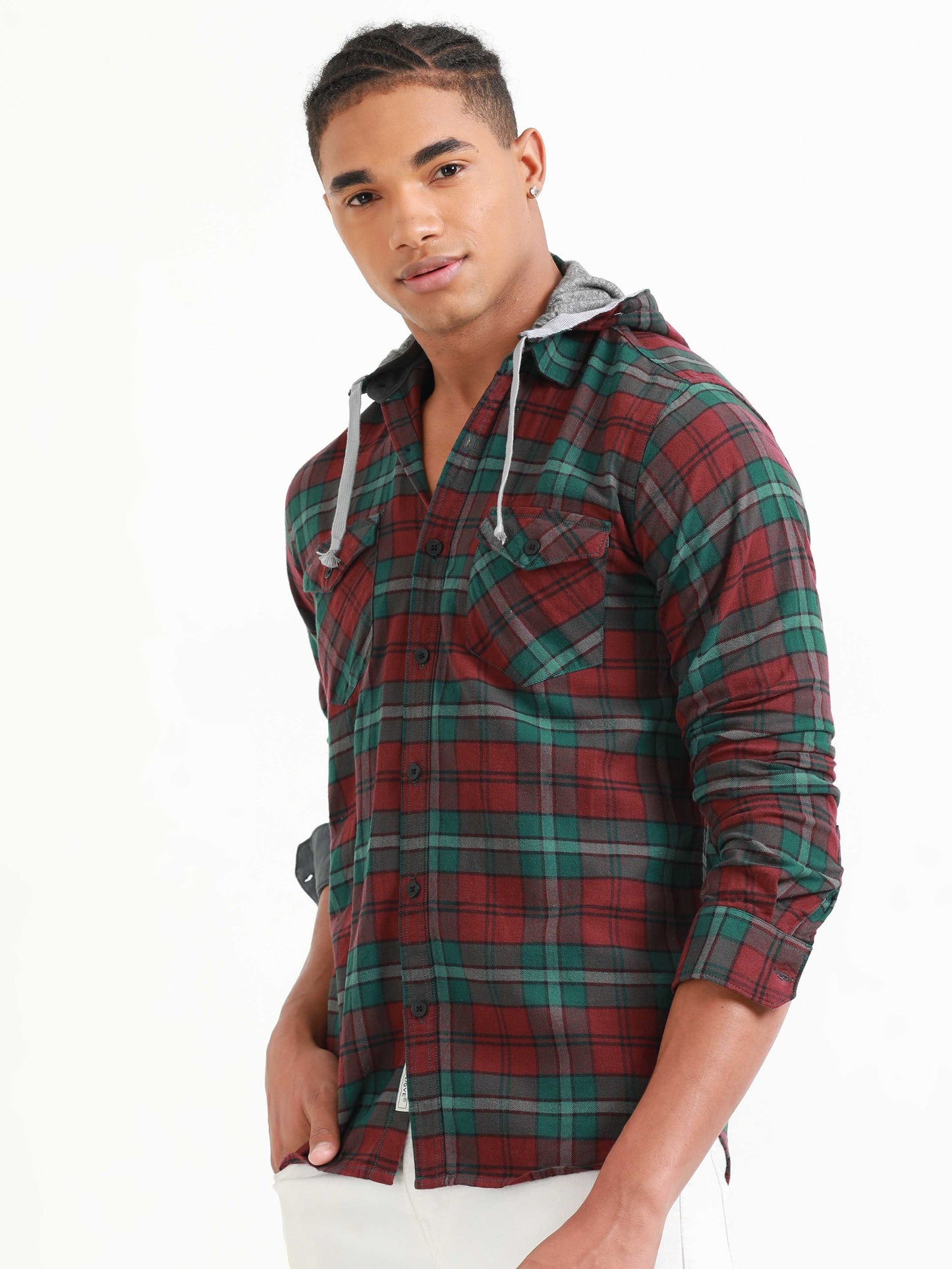 Freetown Bottle Green & Red Check Hoodie Shirt