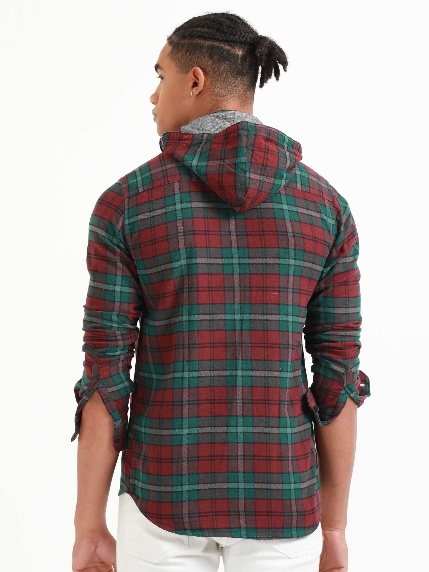 Freetown Bottle Green & Red Check Hoodie Shirt