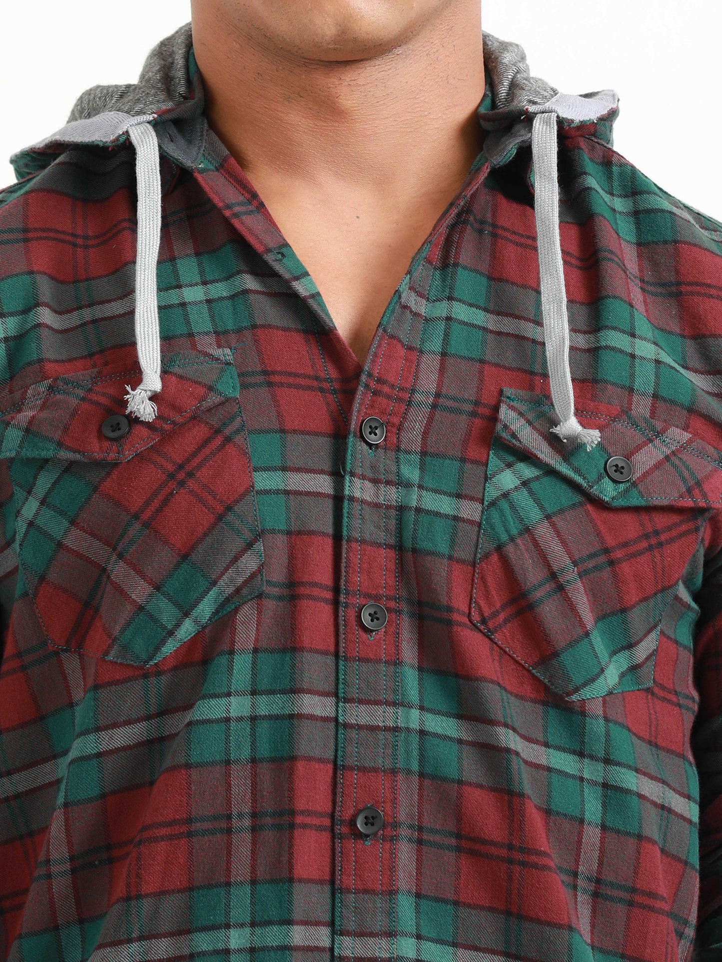 Freetown Bottle Green & Red Check Hoodie Shirt