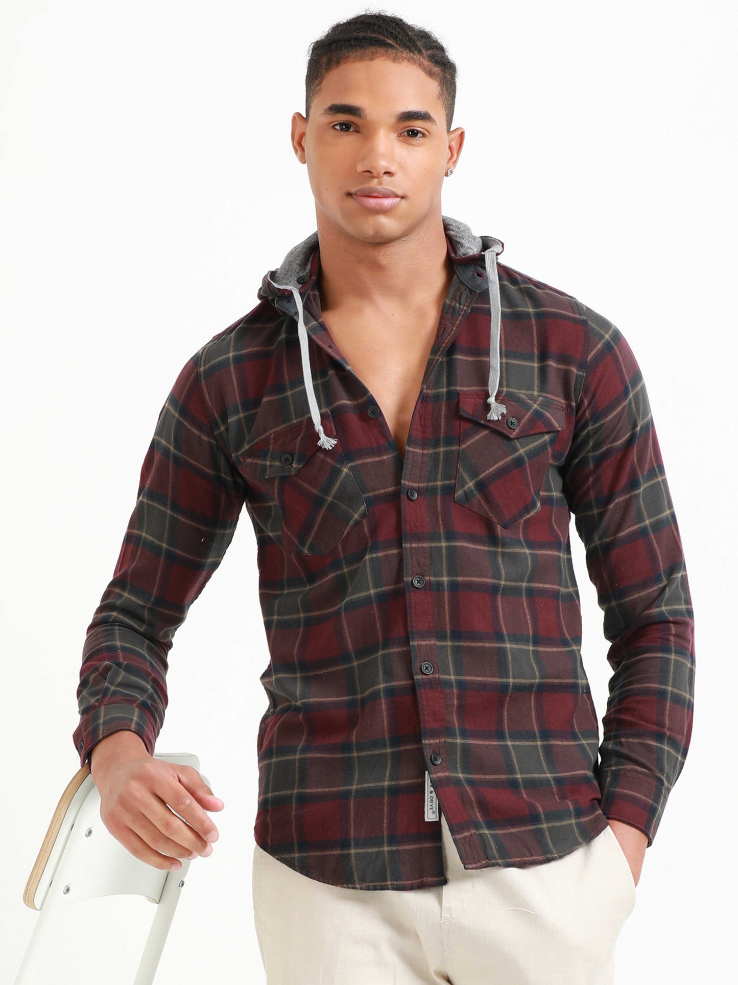 Freetown Wine & Grey Check Hoodie Shirt