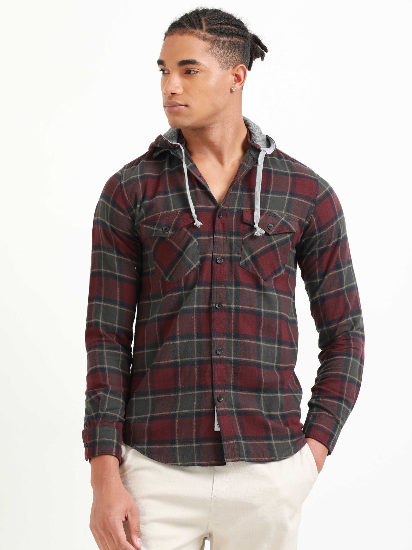 Freetown Wine & Grey Check Hoodie Shirt