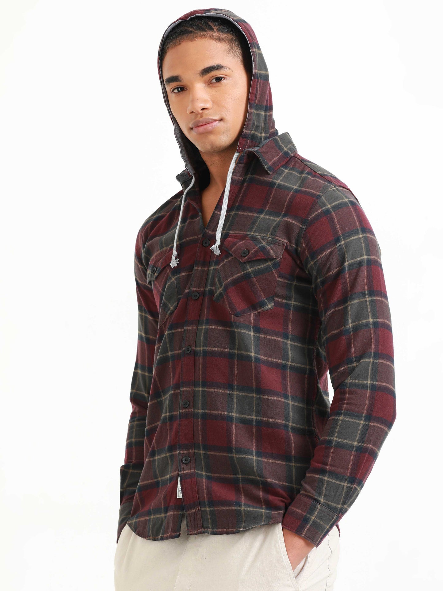 Freetown Wine & Grey Check Hoodie Shirt