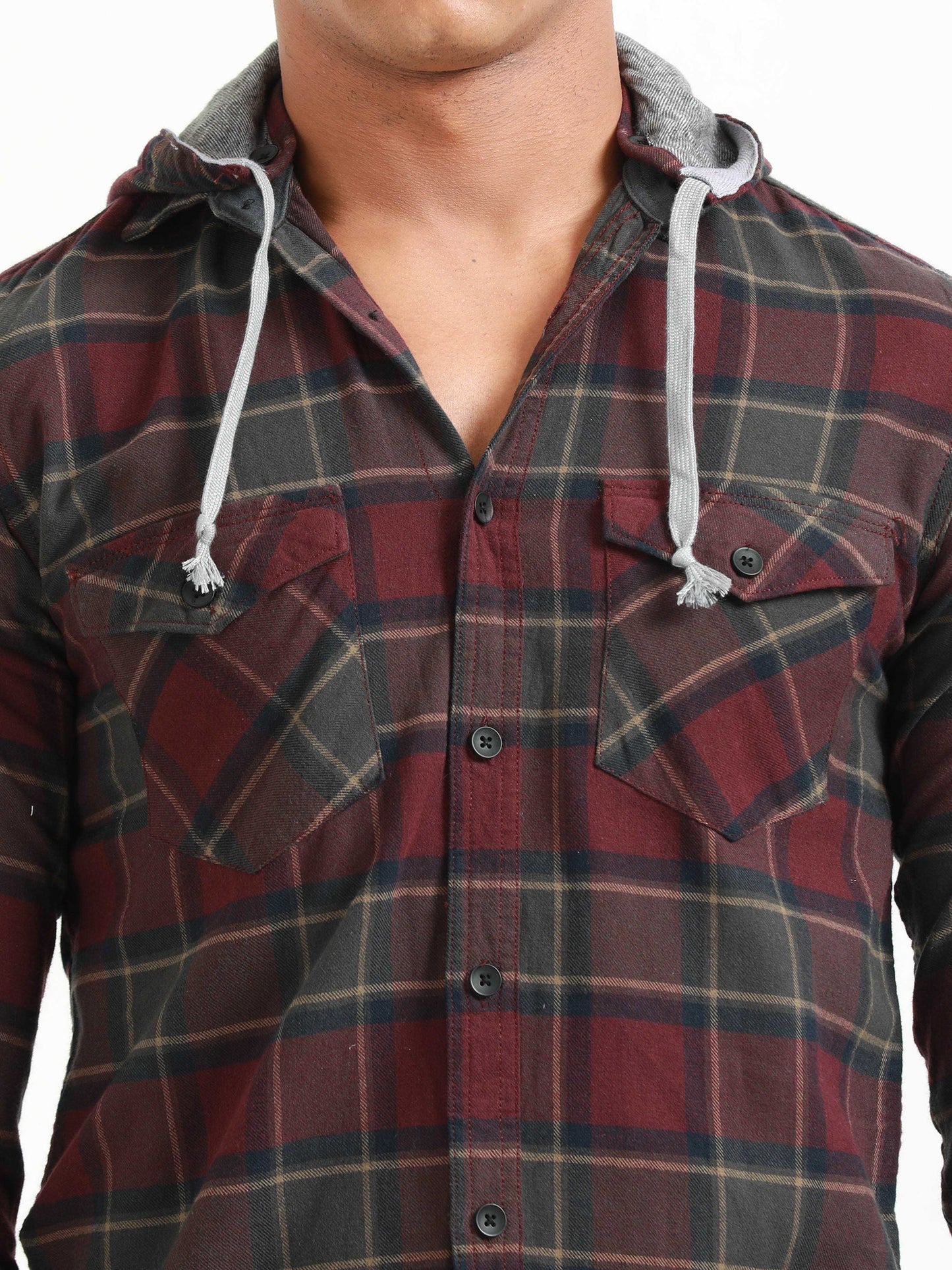 Freetown Wine & Grey Check Hoodie Shirt