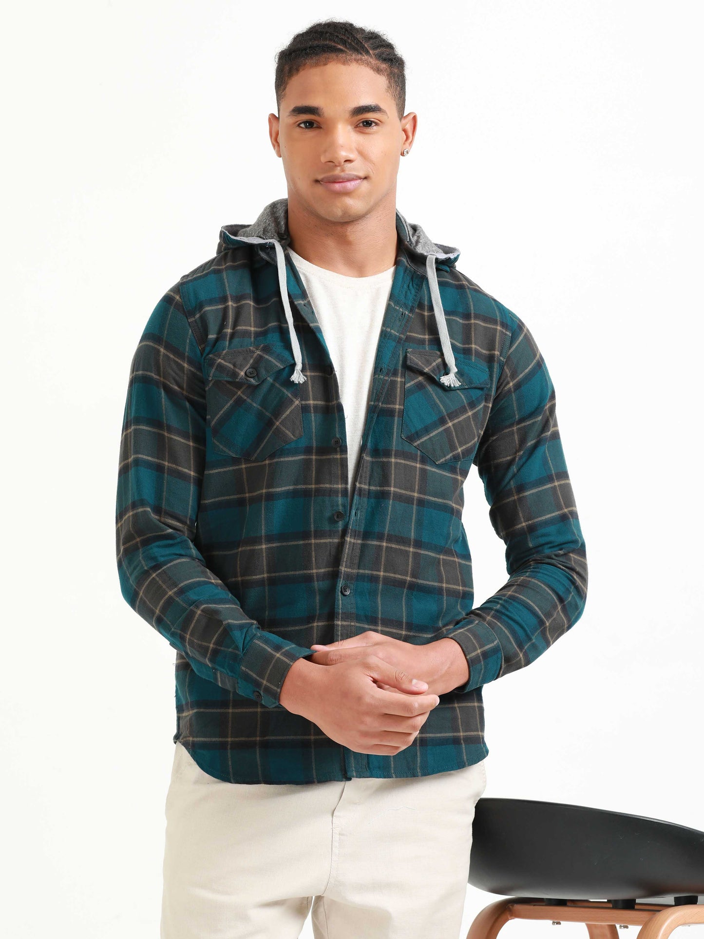 Freetown Dark Teal Check Hoodie Shirt