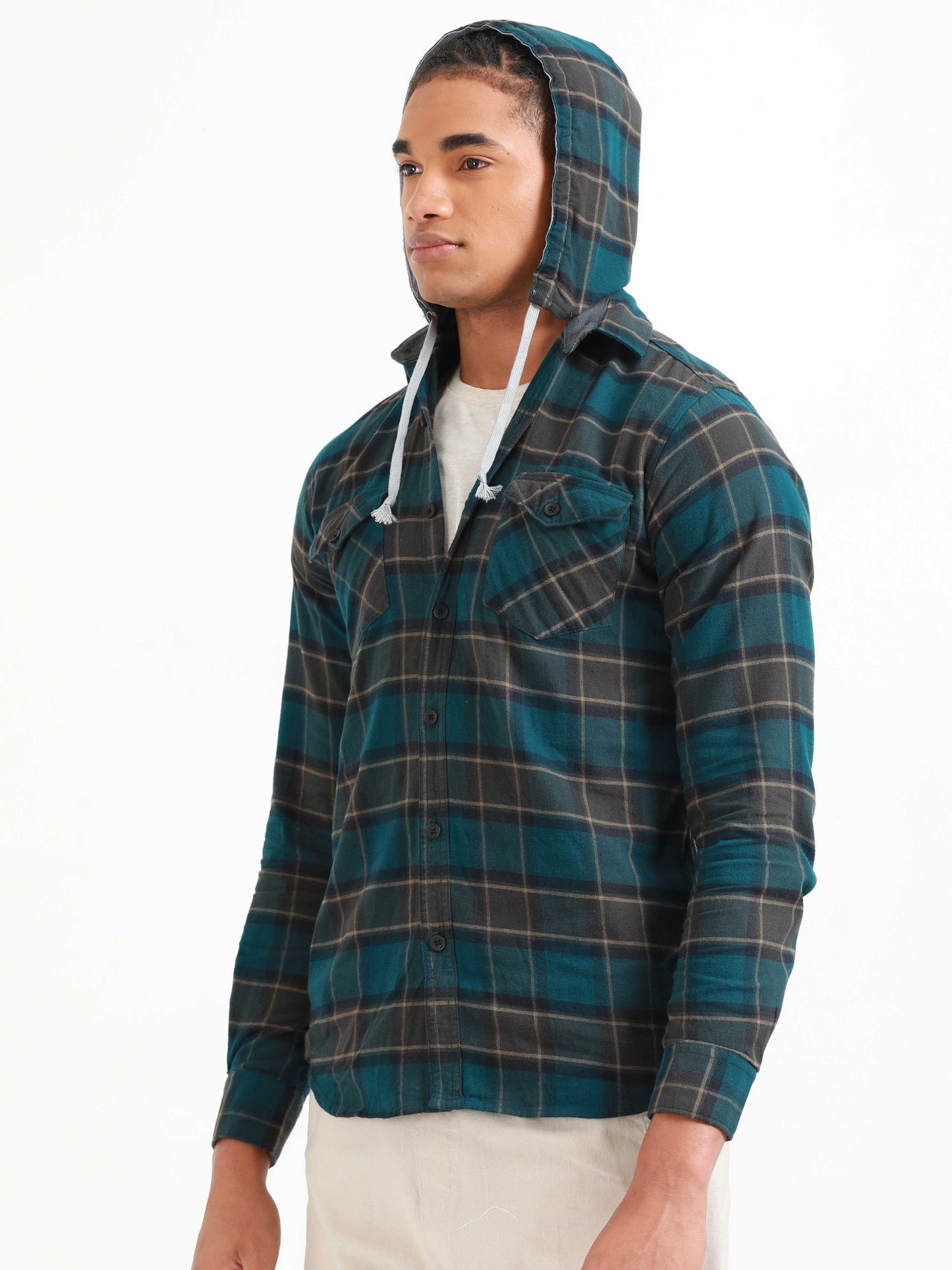 Freetown Dark Teal Check Hoodie Shirt