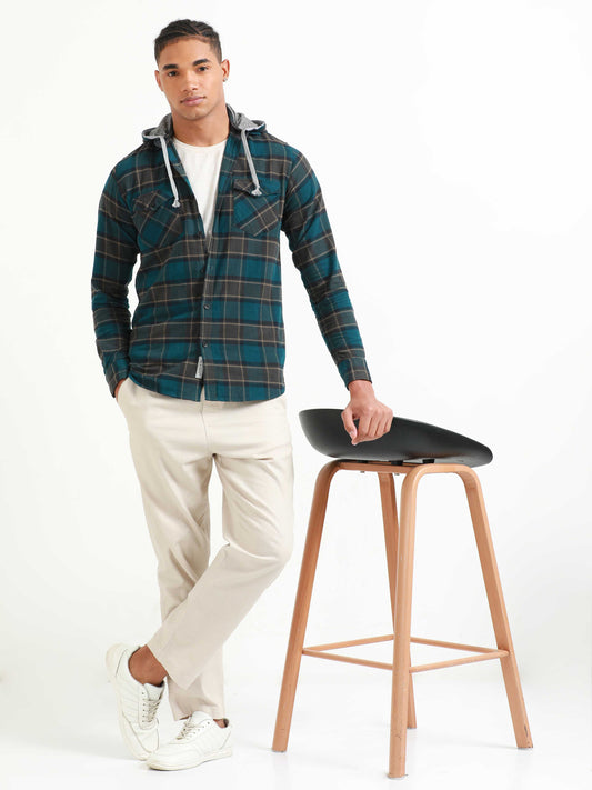 Freetown Dark Teal Check Hoodie Shirt