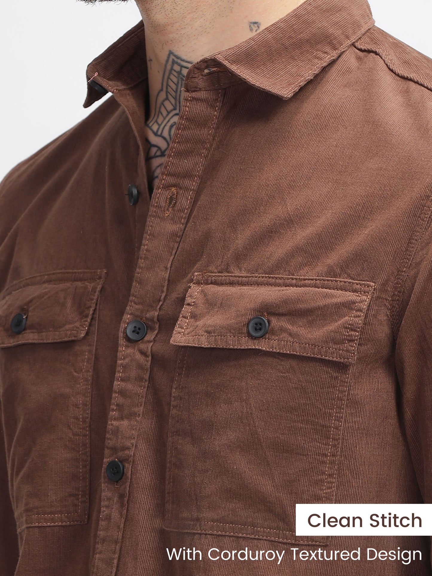 Crater Brown Cotton Corduroy Double Pocket Shirt