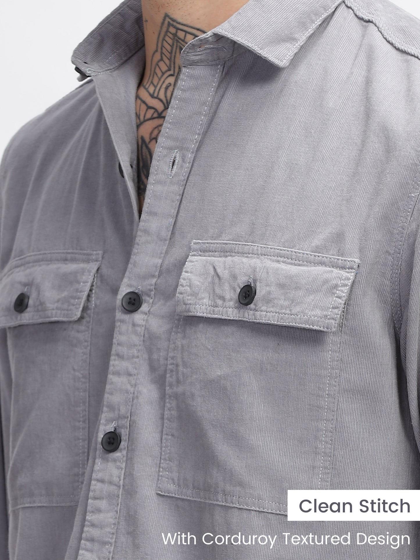 Natural Grey Cotton Corduroy Double Pocket Shirt