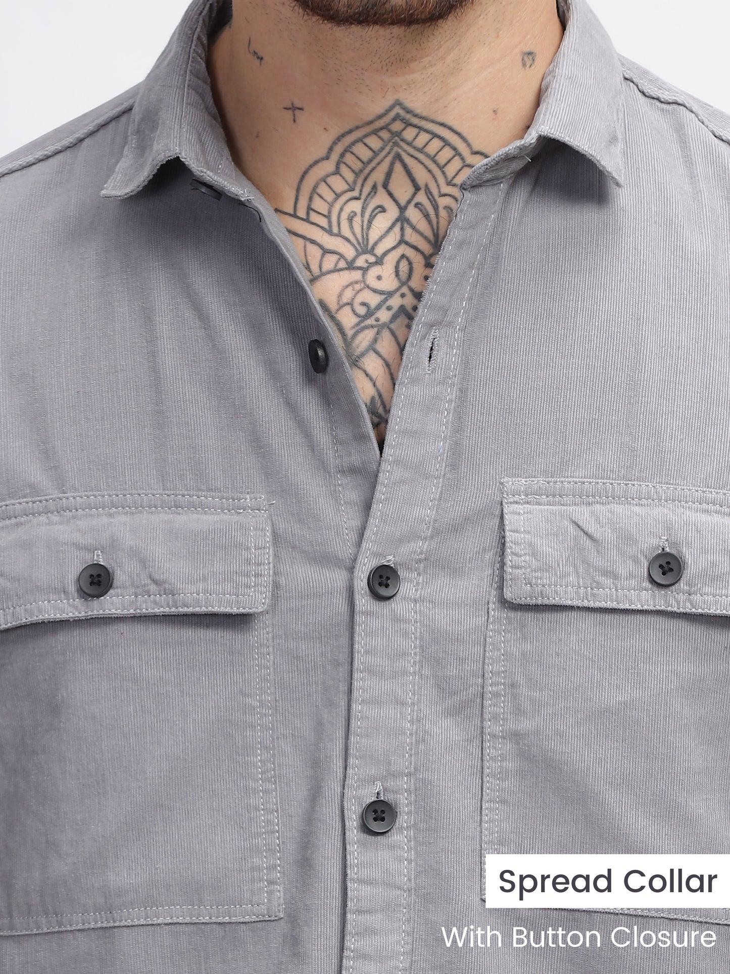 Natural Grey Cotton Corduroy Double Pocket Shirt