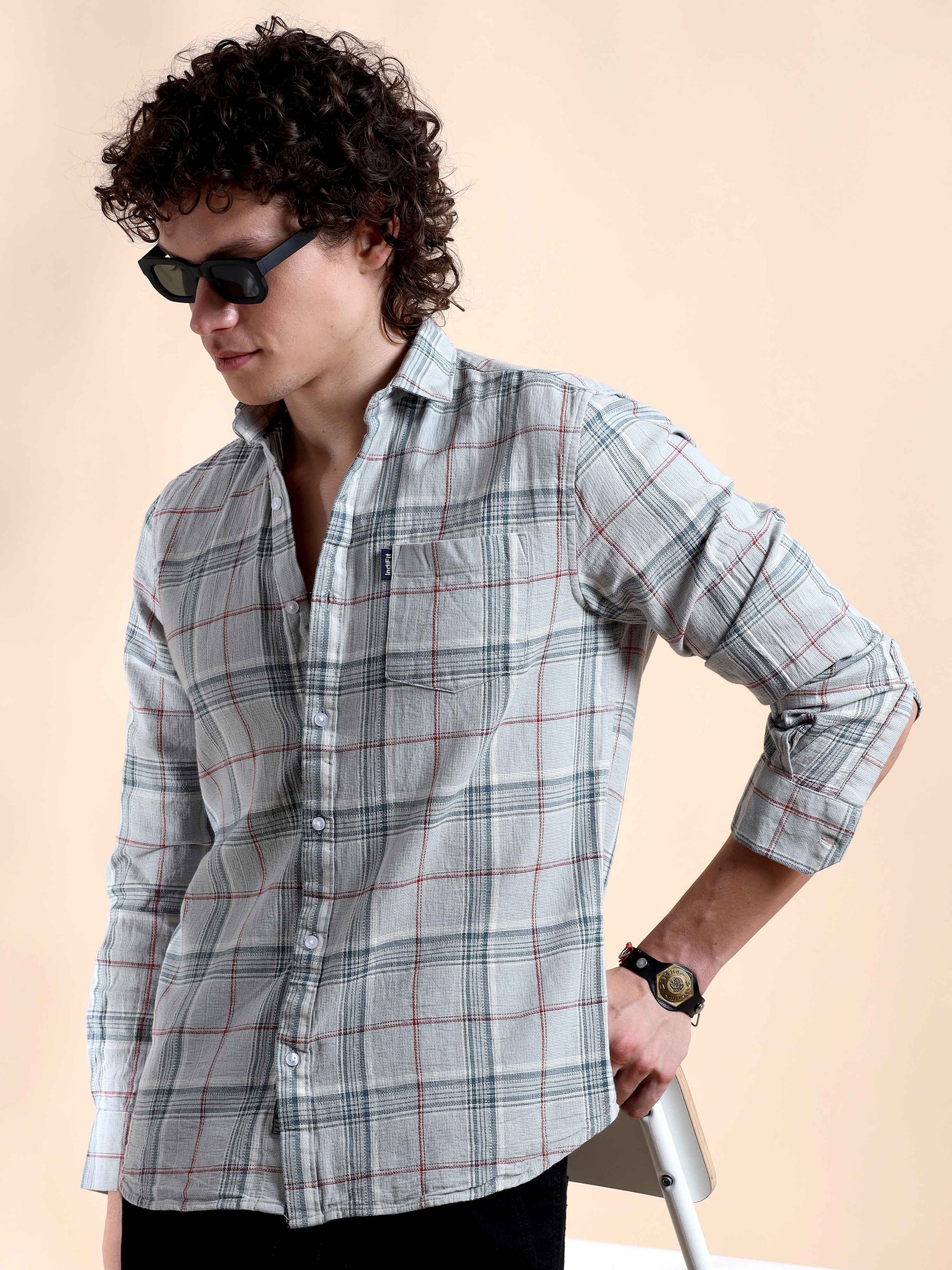 Light Blue Gridlock Glam Check Shirt for Men