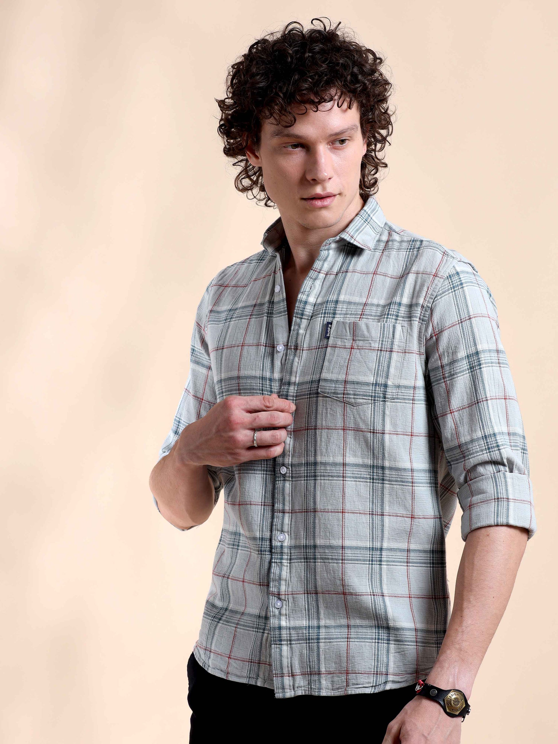 Light Blue Gridlock Glam Check Shirt for Men