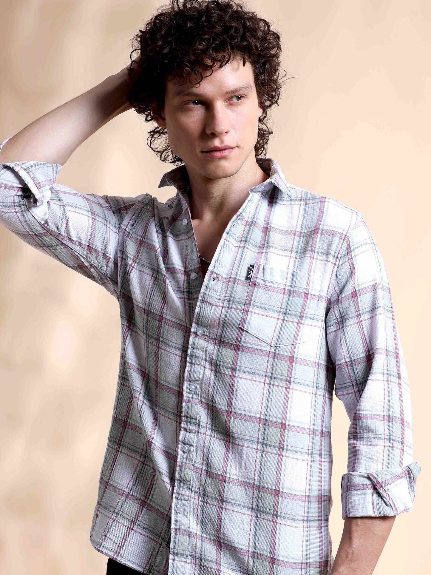 Off White and Pink Charm Mens Casual Check Shirts 