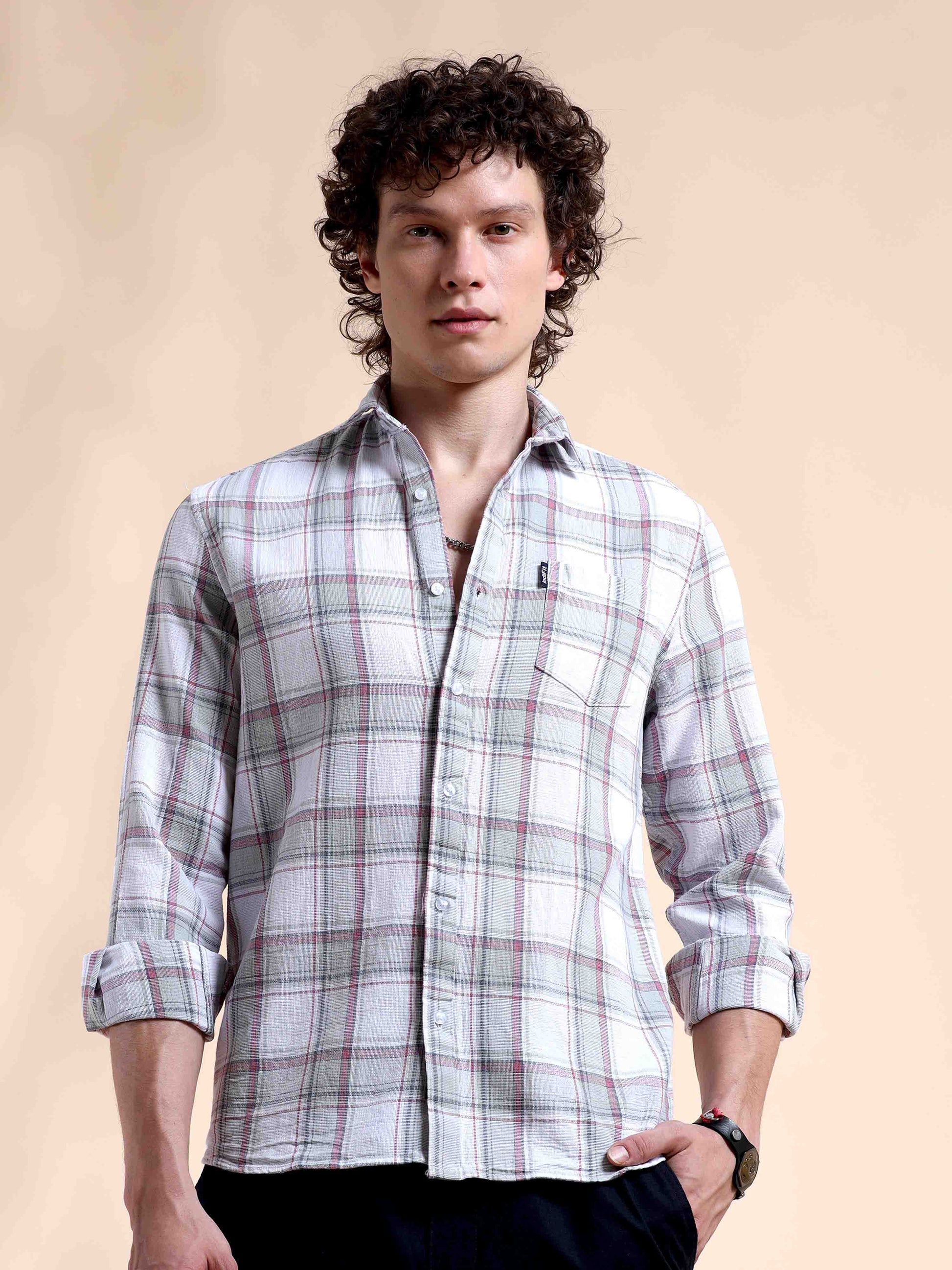 Off White and Pink Charm Mens Casual Check Shirts 