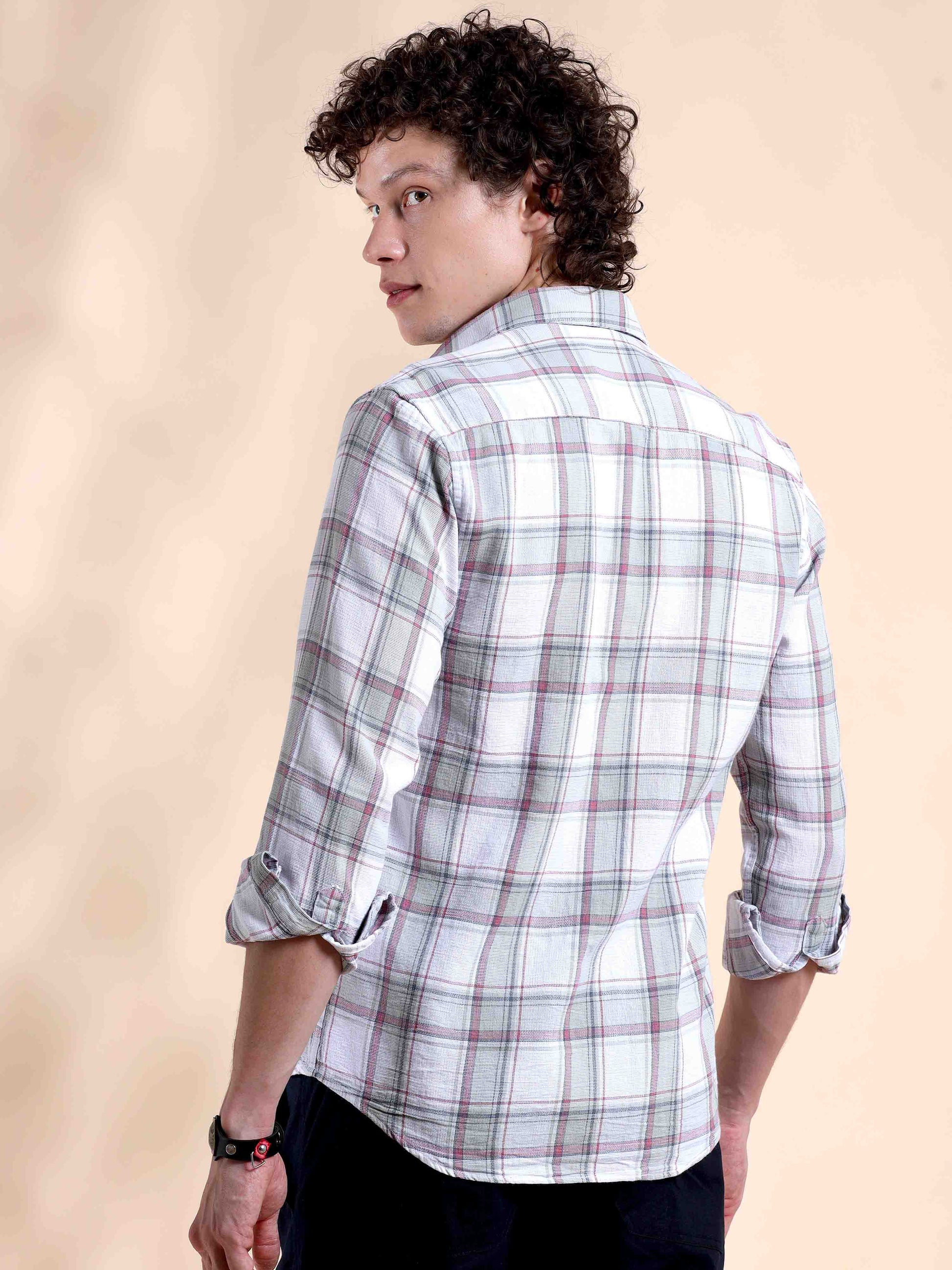 Off White and Pink Charm Mens Casual Check Shirts 