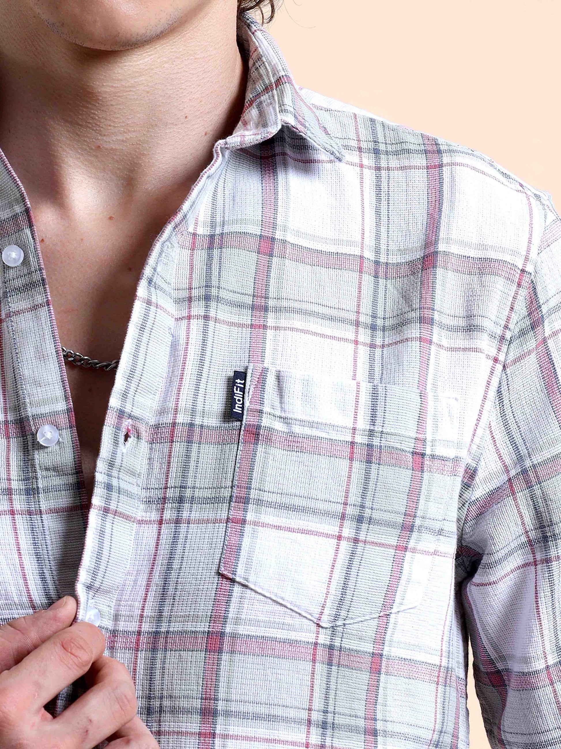 Off White and Pink Charm Mens Casual Check Shirts 