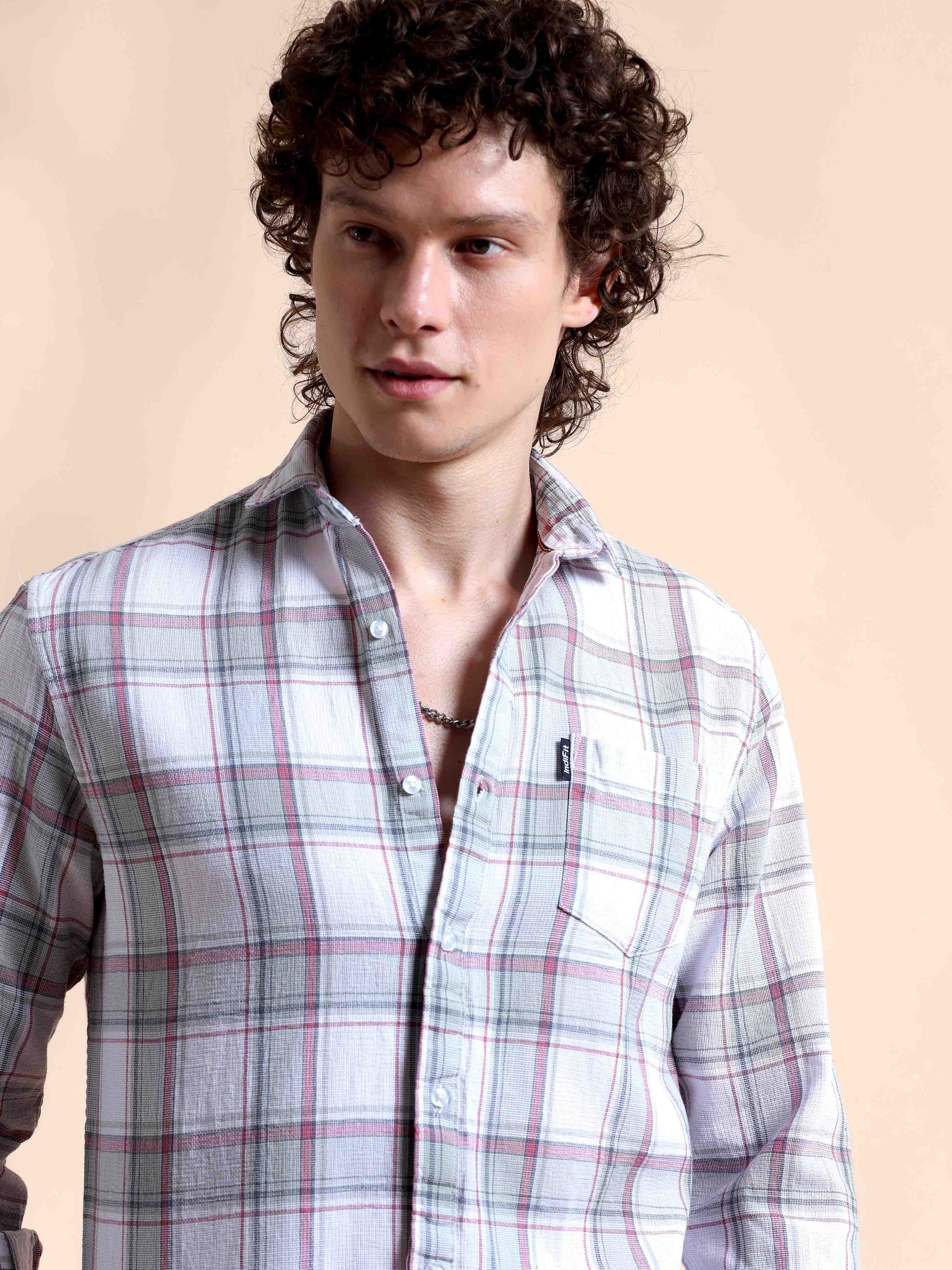 Off White and Pink Charm Mens Casual Check Shirts 