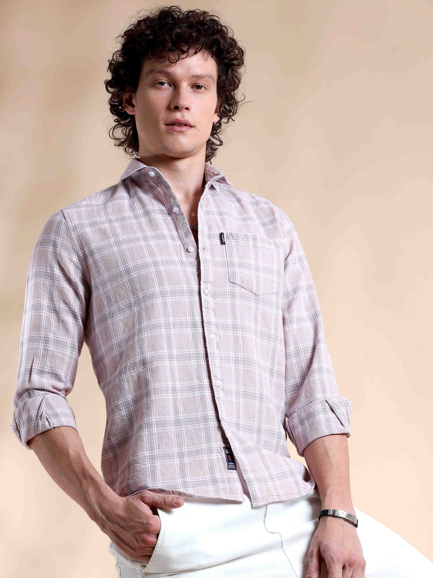 Light Pink Chic Mens Checked Shirts Long Sleeve