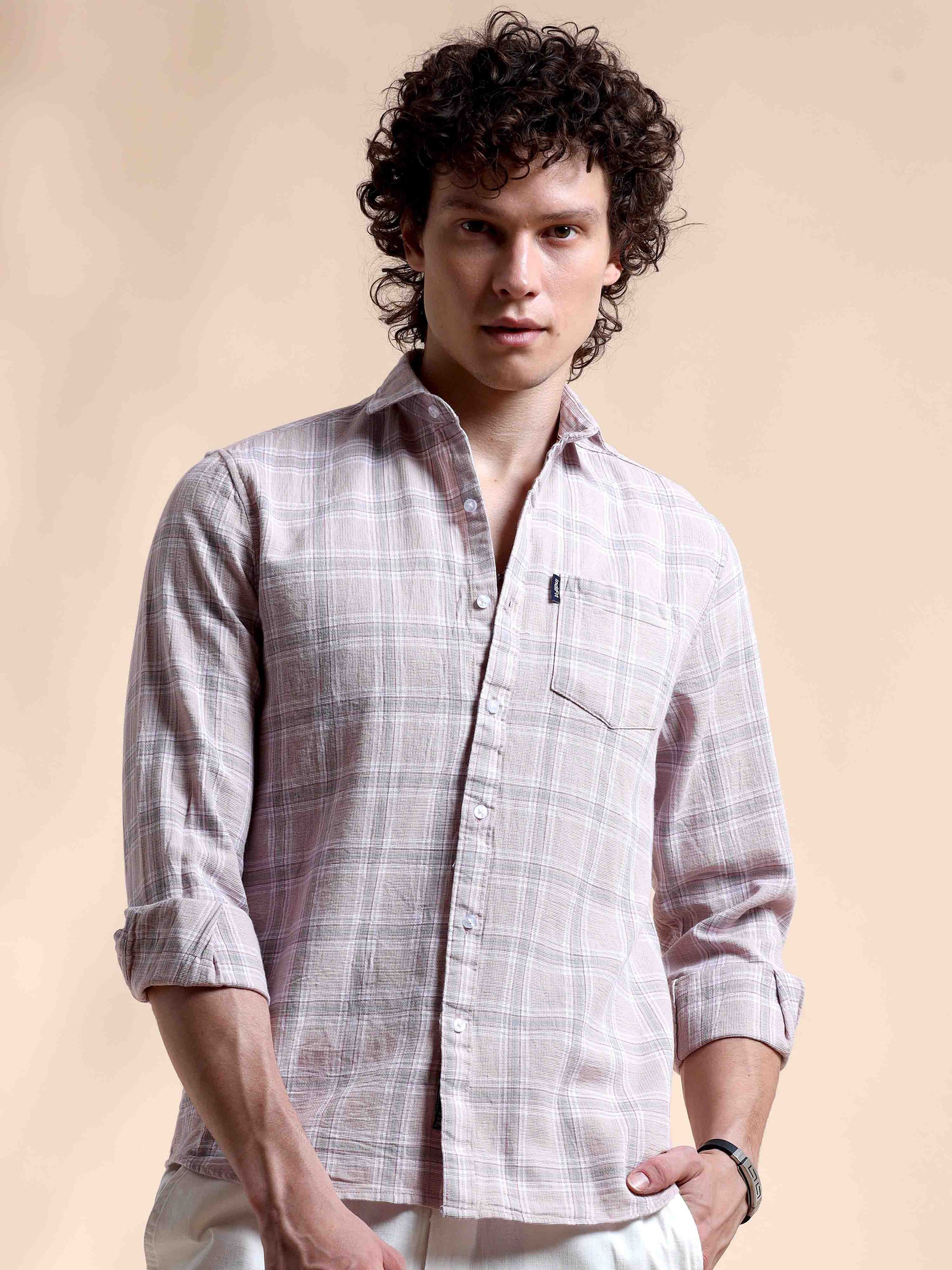 Light Pink Chic Mens Checked Shirts Long Sleeve