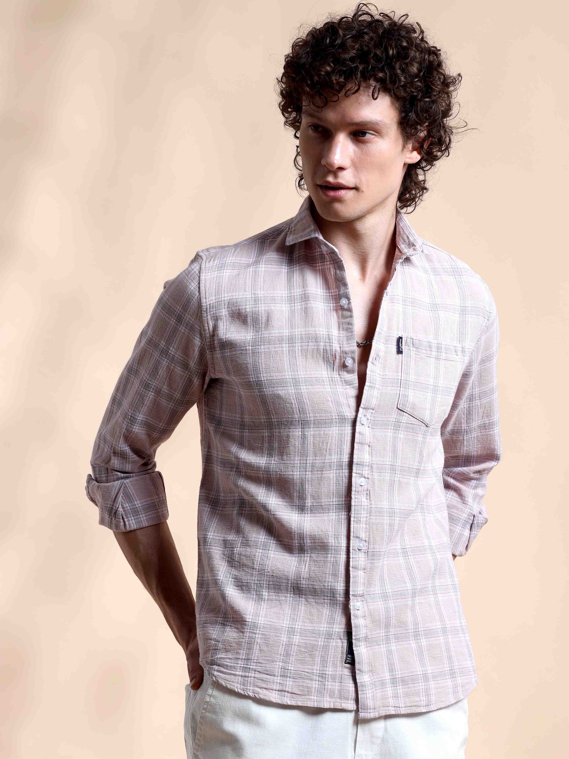 Light Pink Chic Mens Checked Shirts Long Sleeve