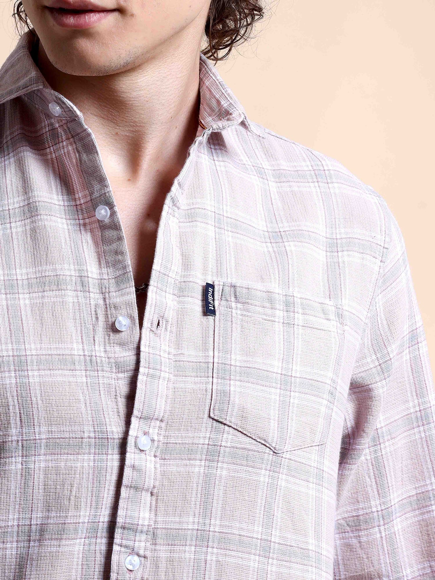 Light Pink Chic Mens Checked Shirts Long Sleeve