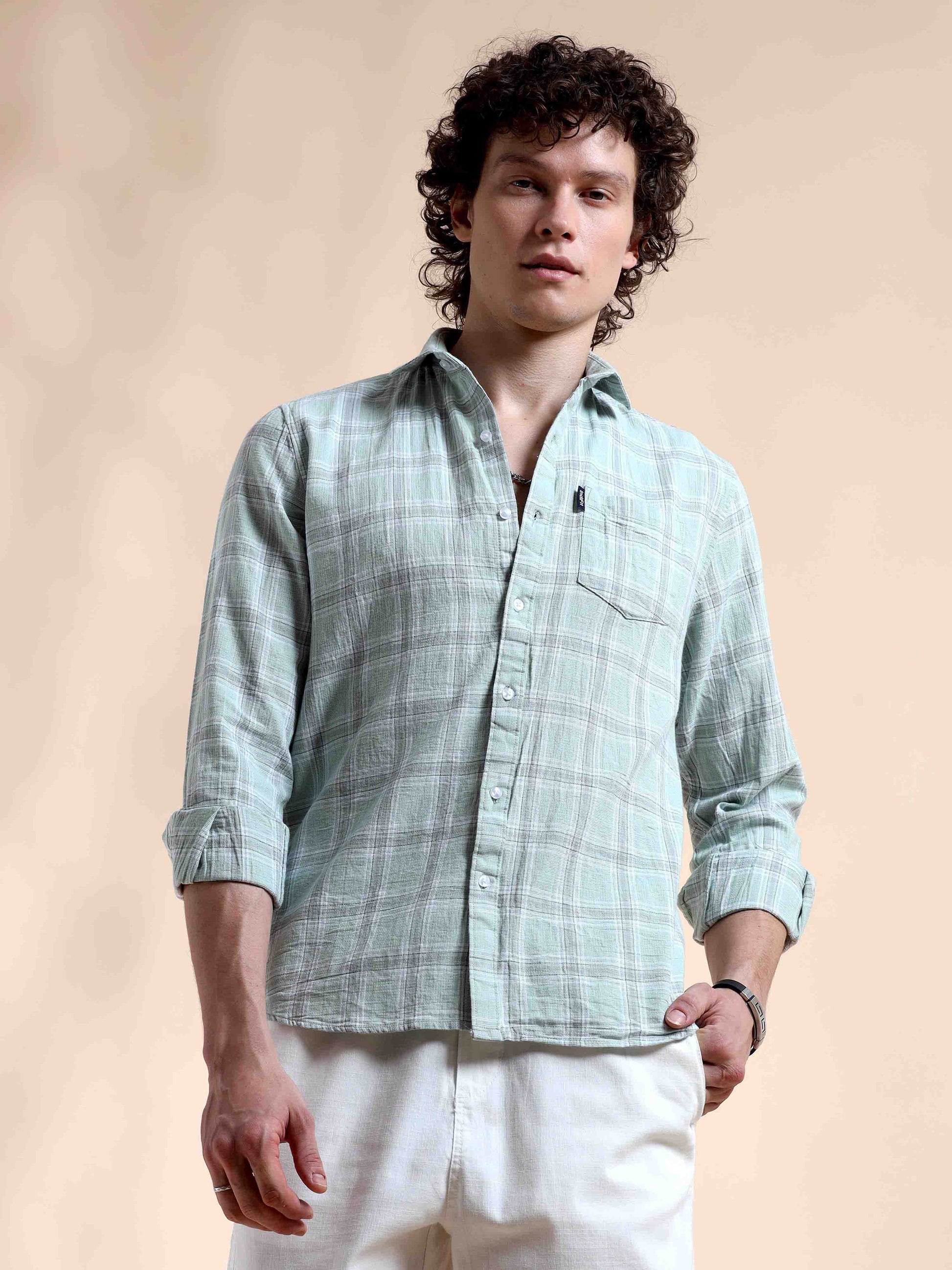 Pista Green Gingham Gala New Style Check Shirt for Men