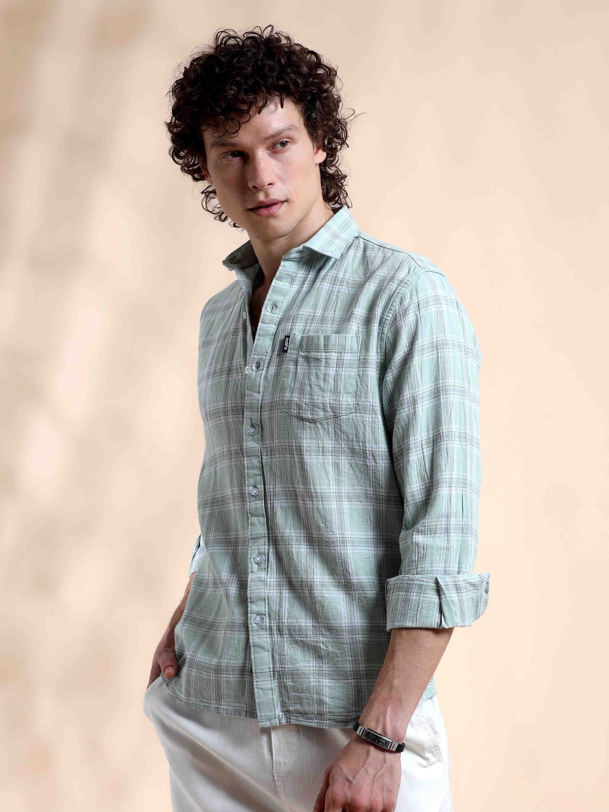 Pista Green Gingham Gala New Style Check Shirt for Men