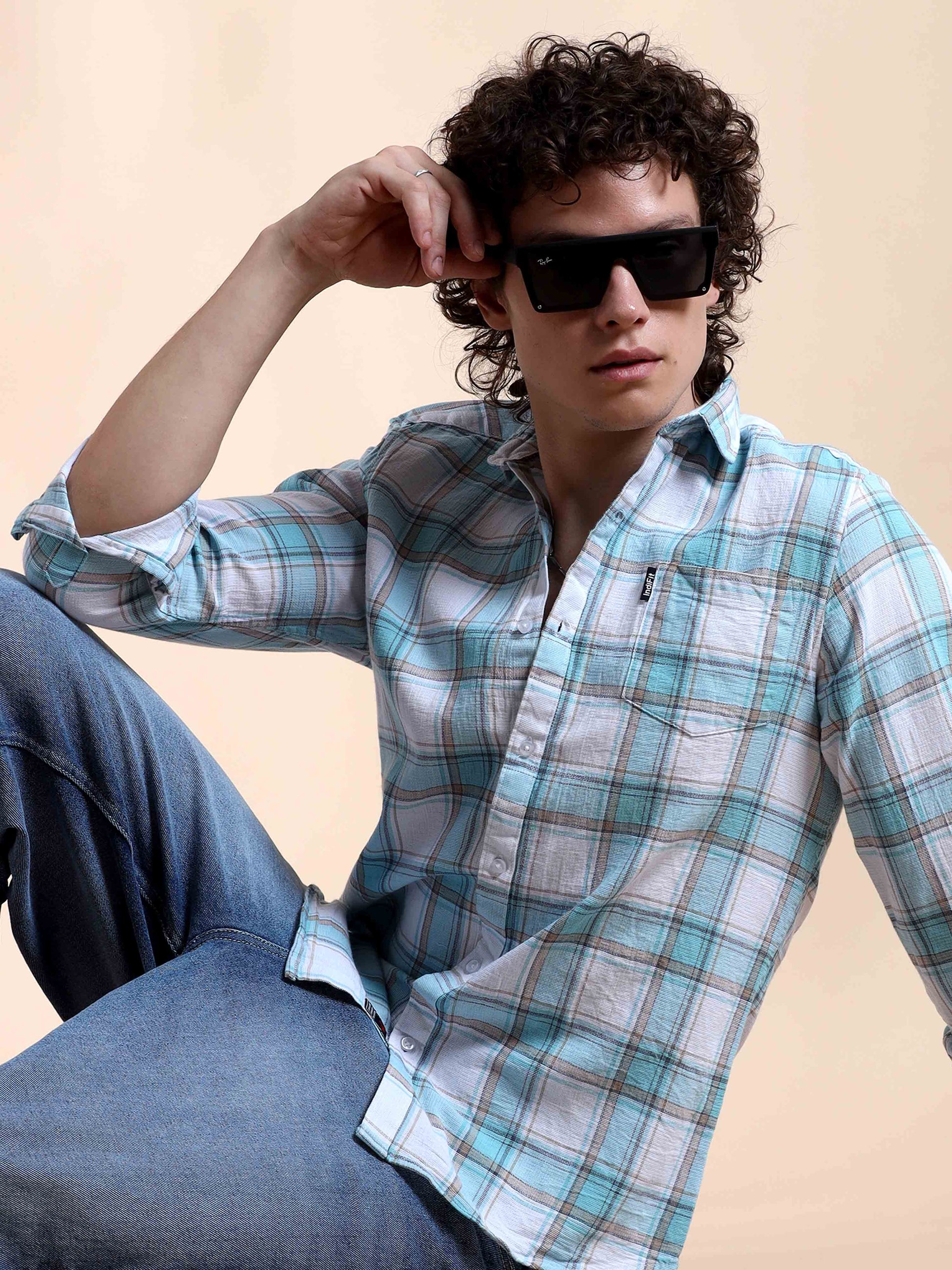 Sky Blue Check Shirt for Men