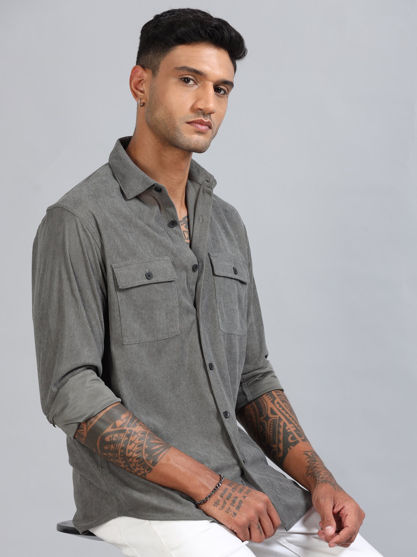 Basel Friar Grey Corduroy Double Pocket Shirt