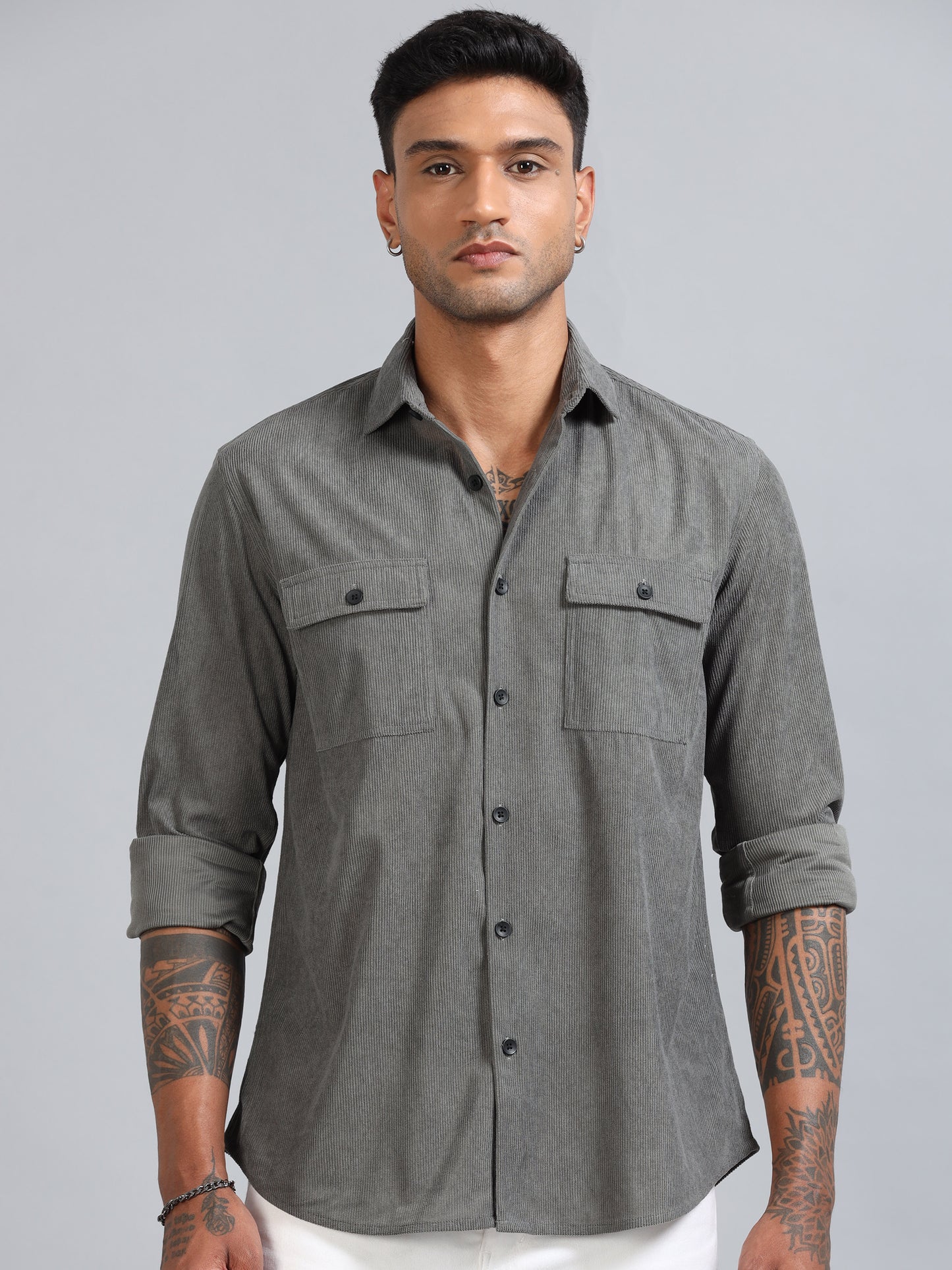 Basel Friar Grey Corduroy Double Pocket Shirt