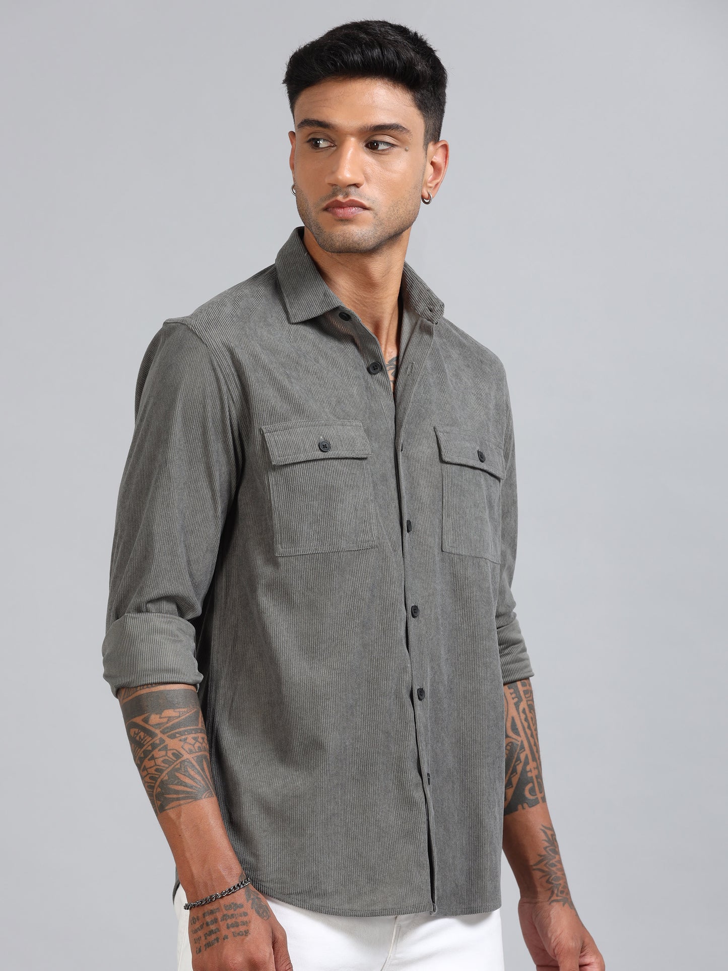 Basel Friar Grey Corduroy Double Pocket Shirt