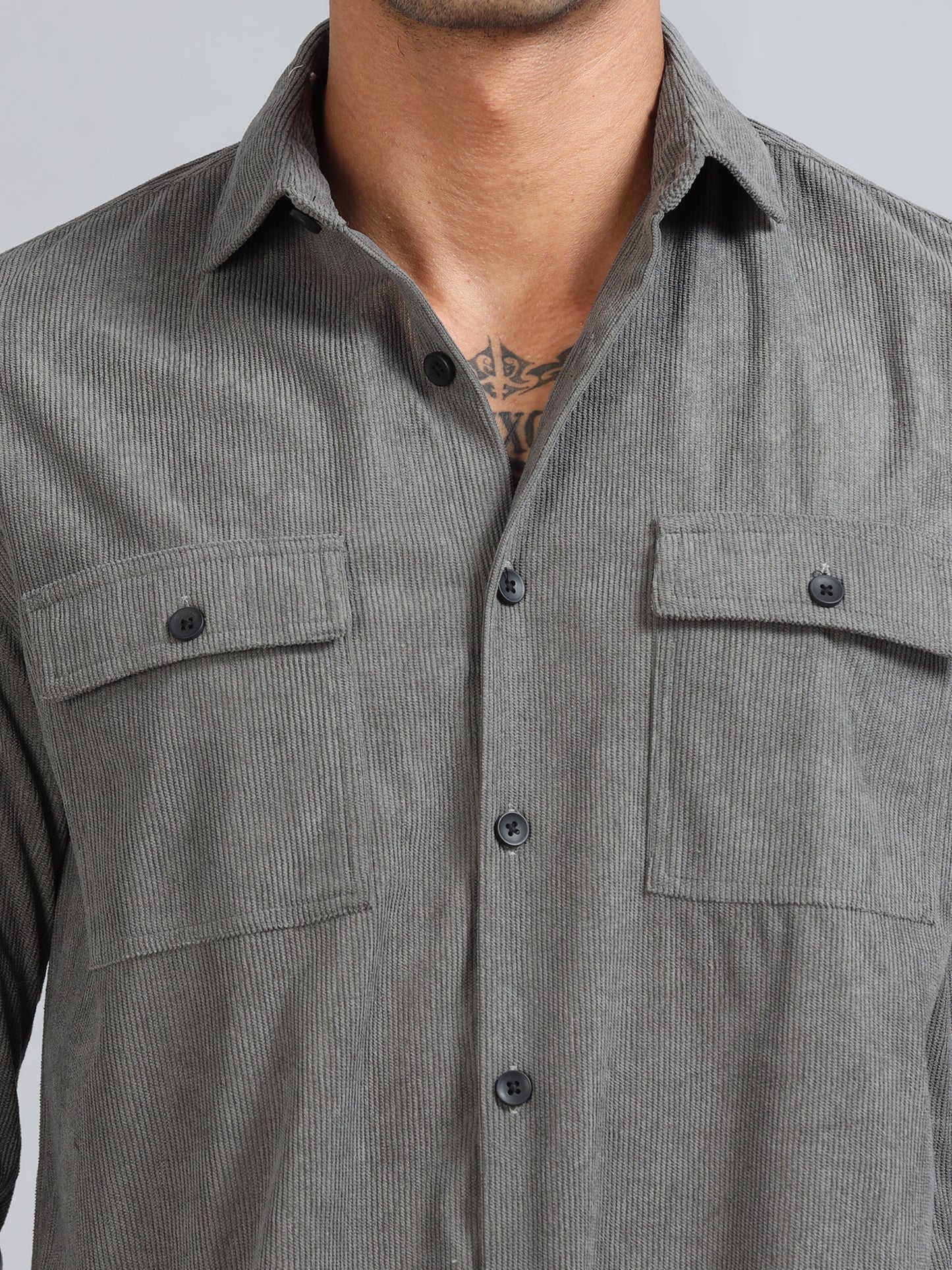 Basel Friar Grey Corduroy Double Pocket Shirt