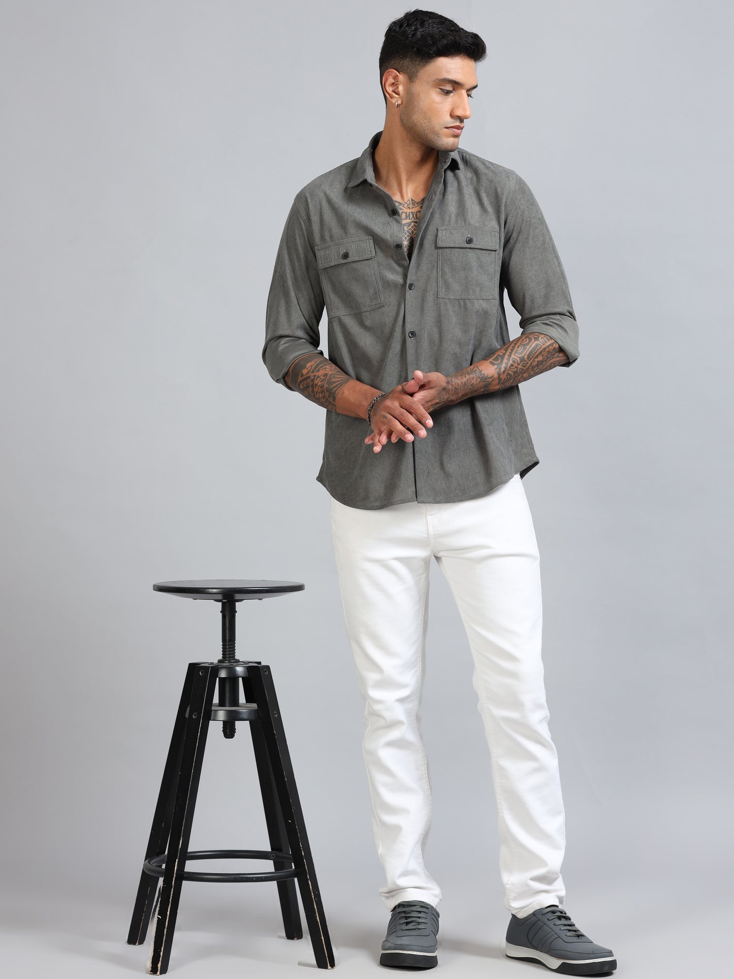 Basel Friar Grey Corduroy Double Pocket Shirt