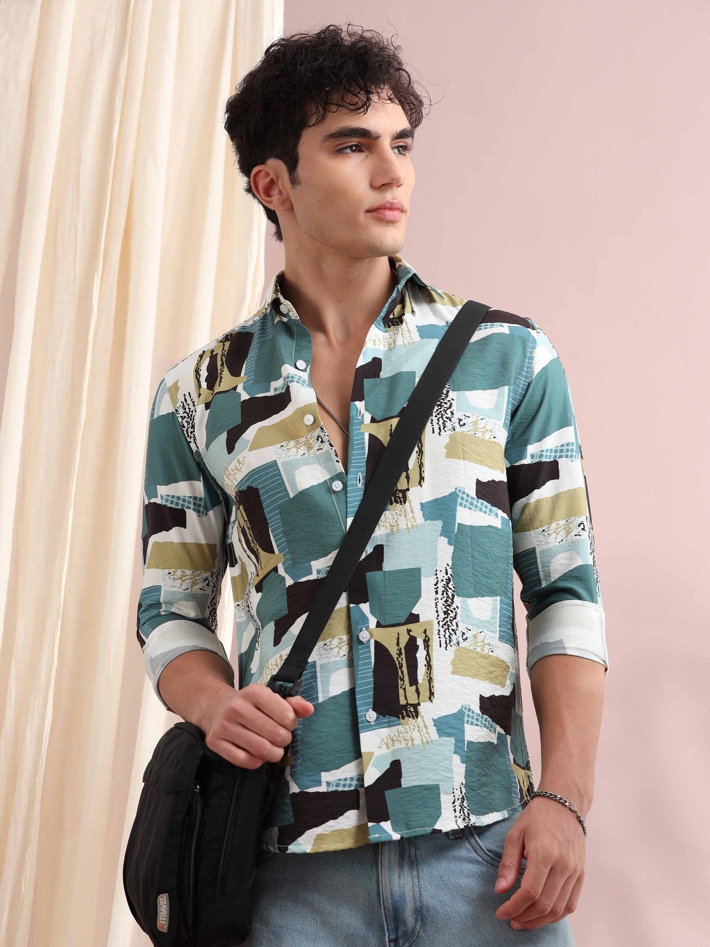 Santiago Teal Green Patches Printed Shirt