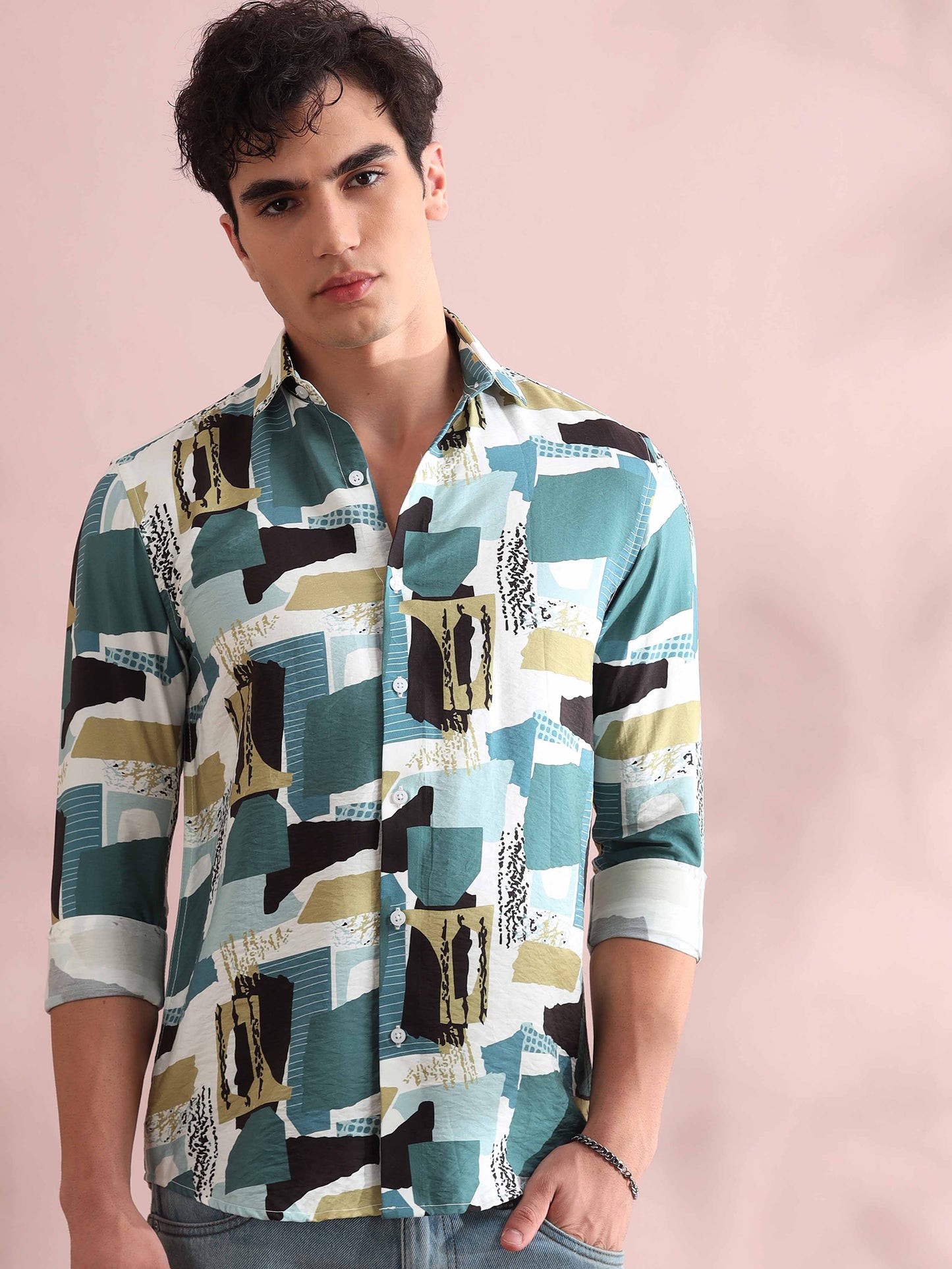 Santiago Teal Green Patches Printed Shirt