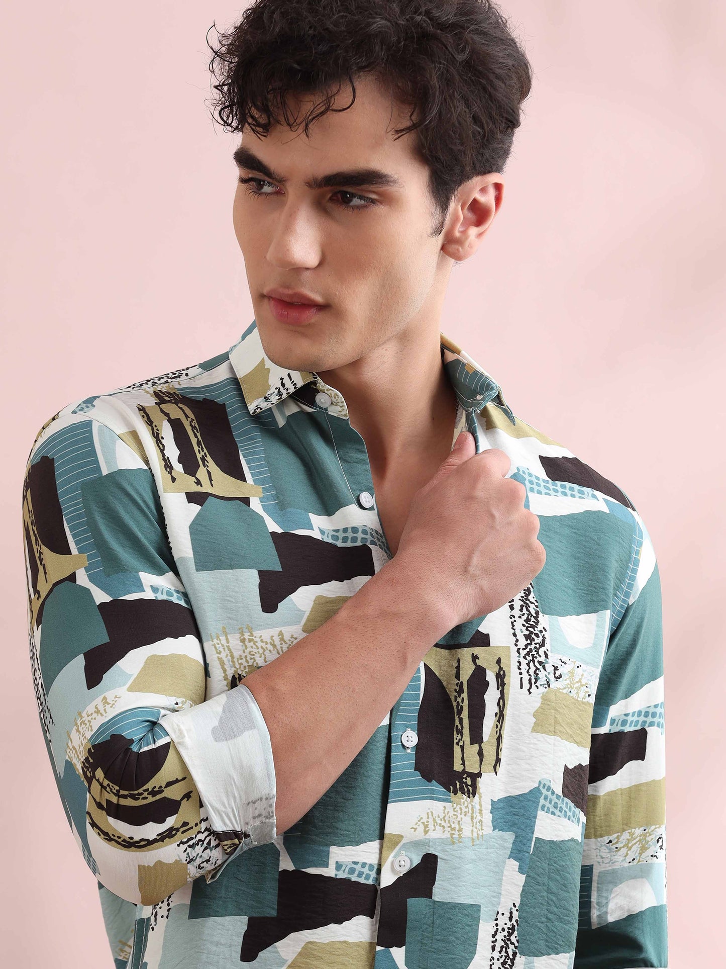 Santiago Teal Green Patches Printed Shirt