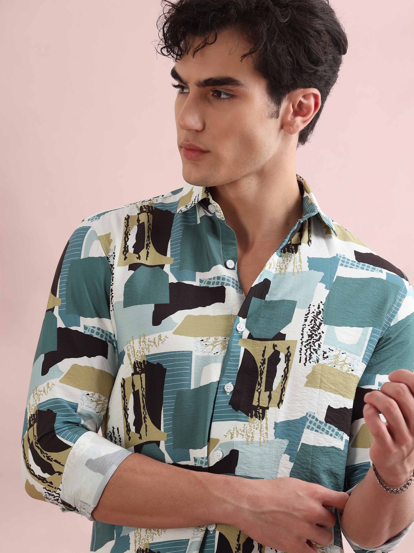 Santiago Teal Green Patches Printed Shirt