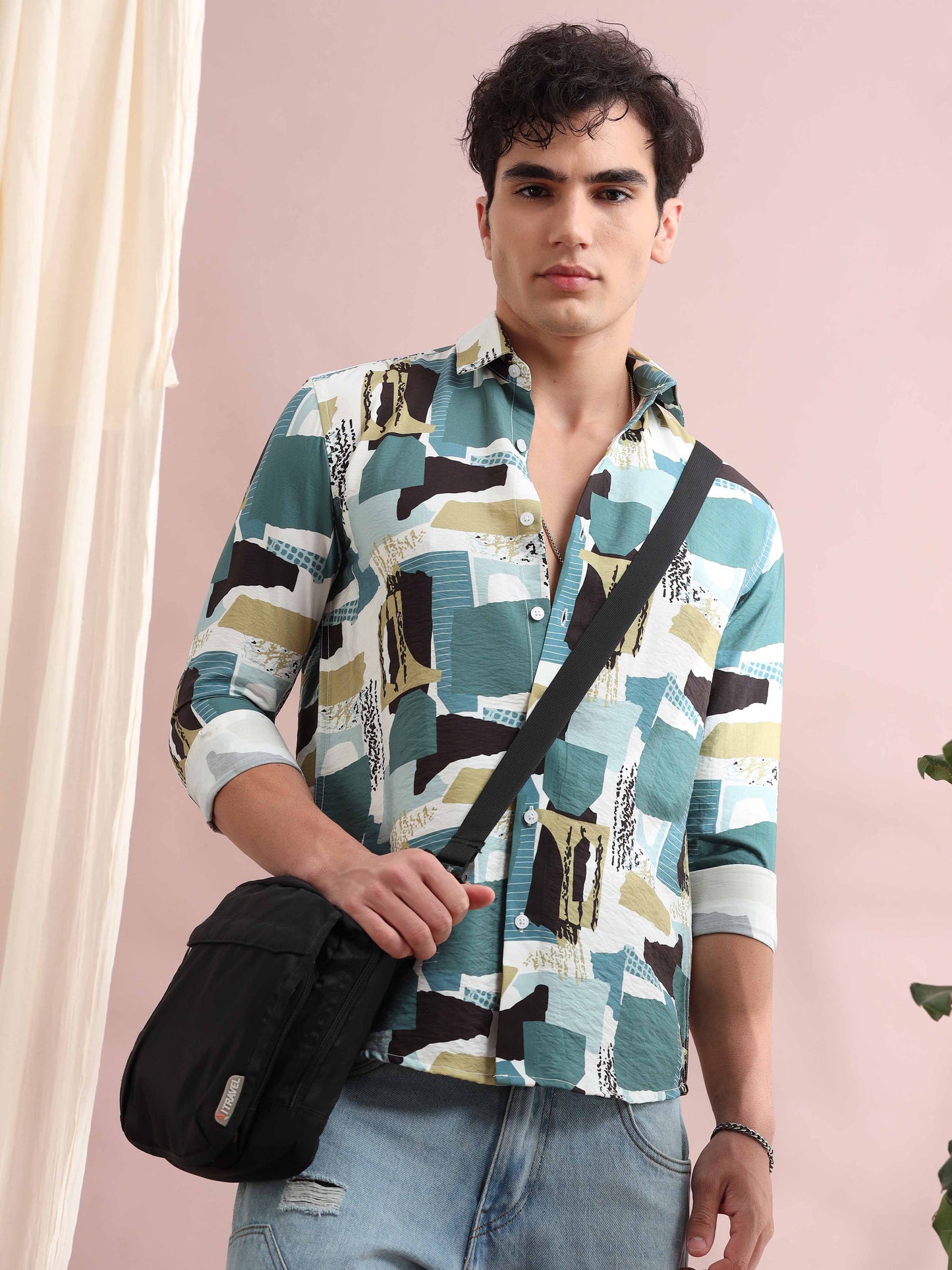 Santiago Teal Green Patches Printed Shirt