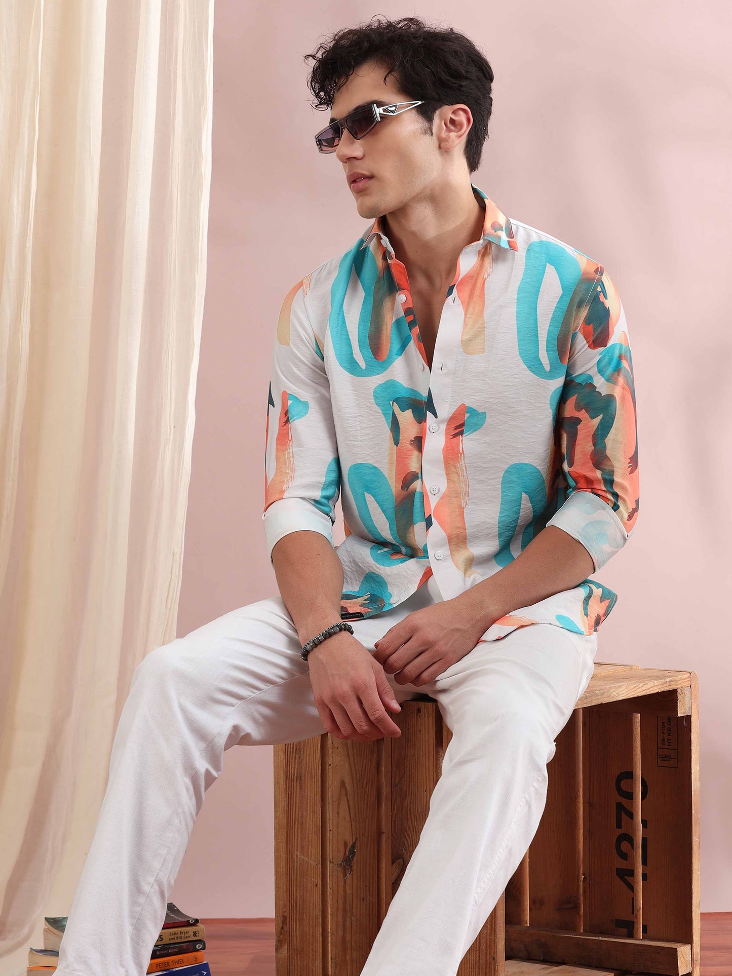 Santiago White Abstract Printed Shirt