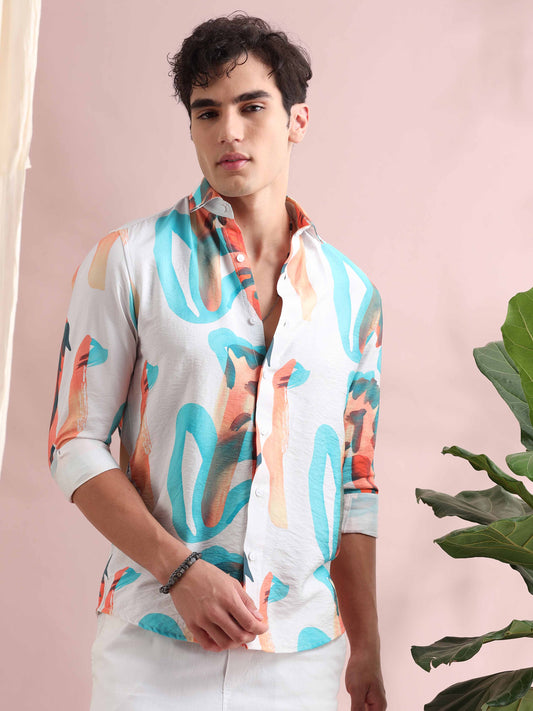 Santiago White Abstract Printed Shirt