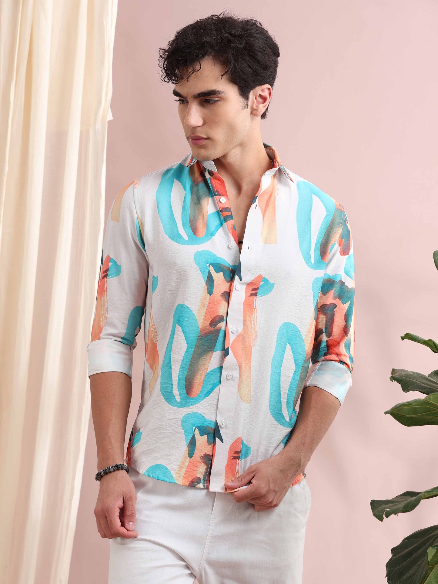 Santiago White Abstract Printed Shirt