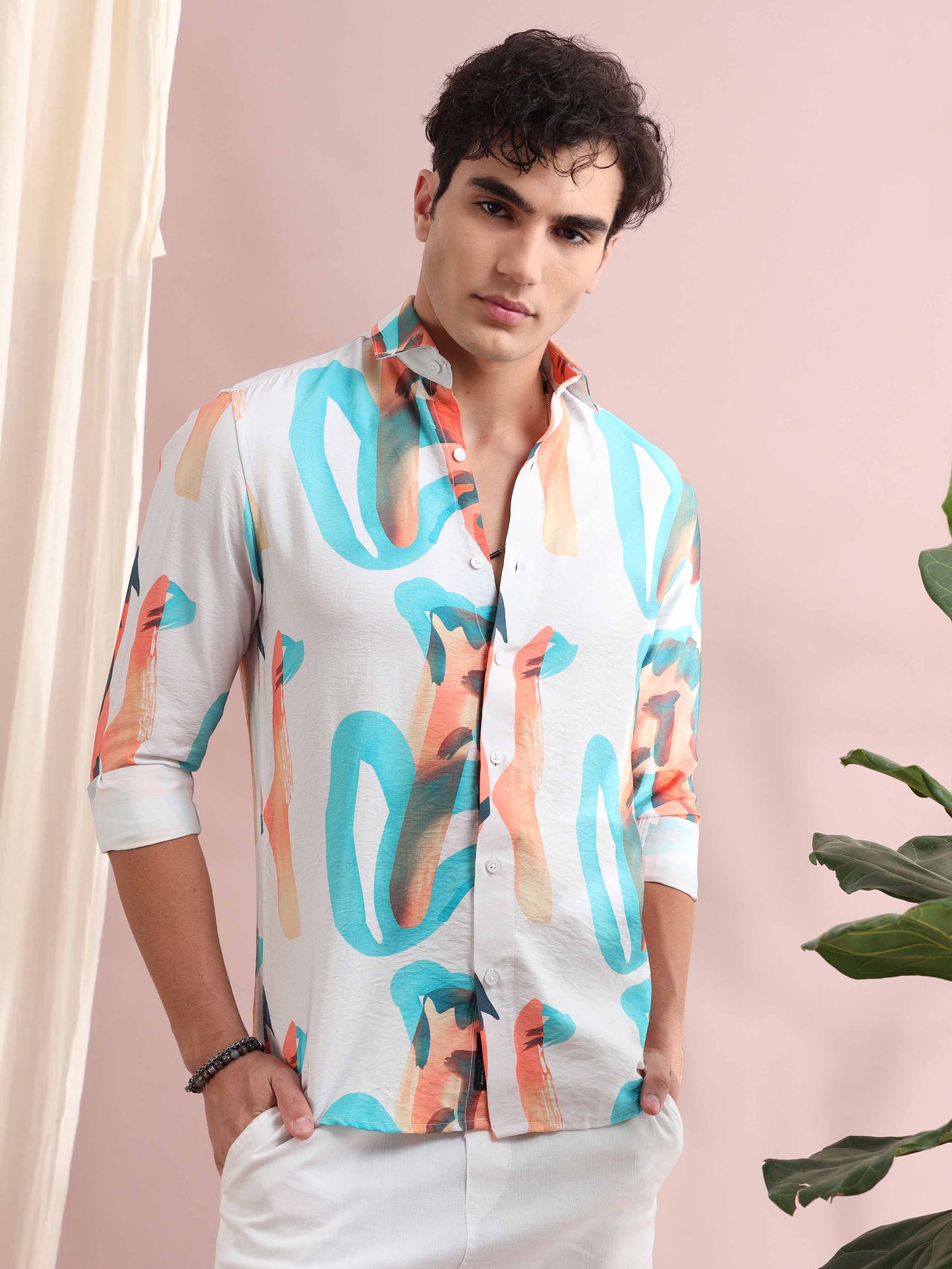 Santiago White Abstract Printed Shirt