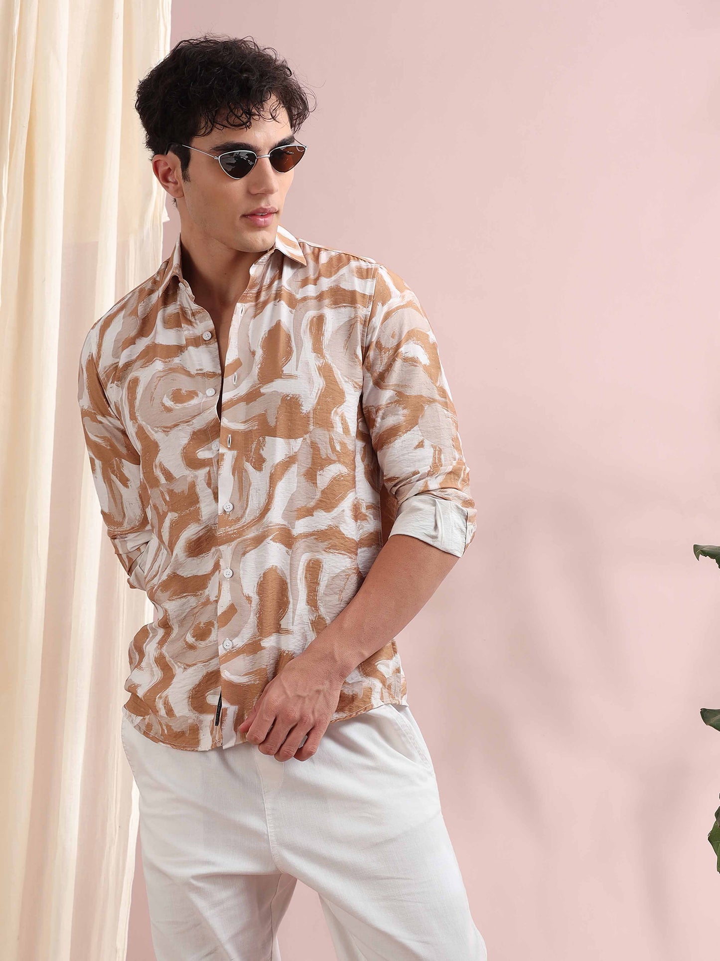 Santiago Pale Taupe Ocean Printed Shirt